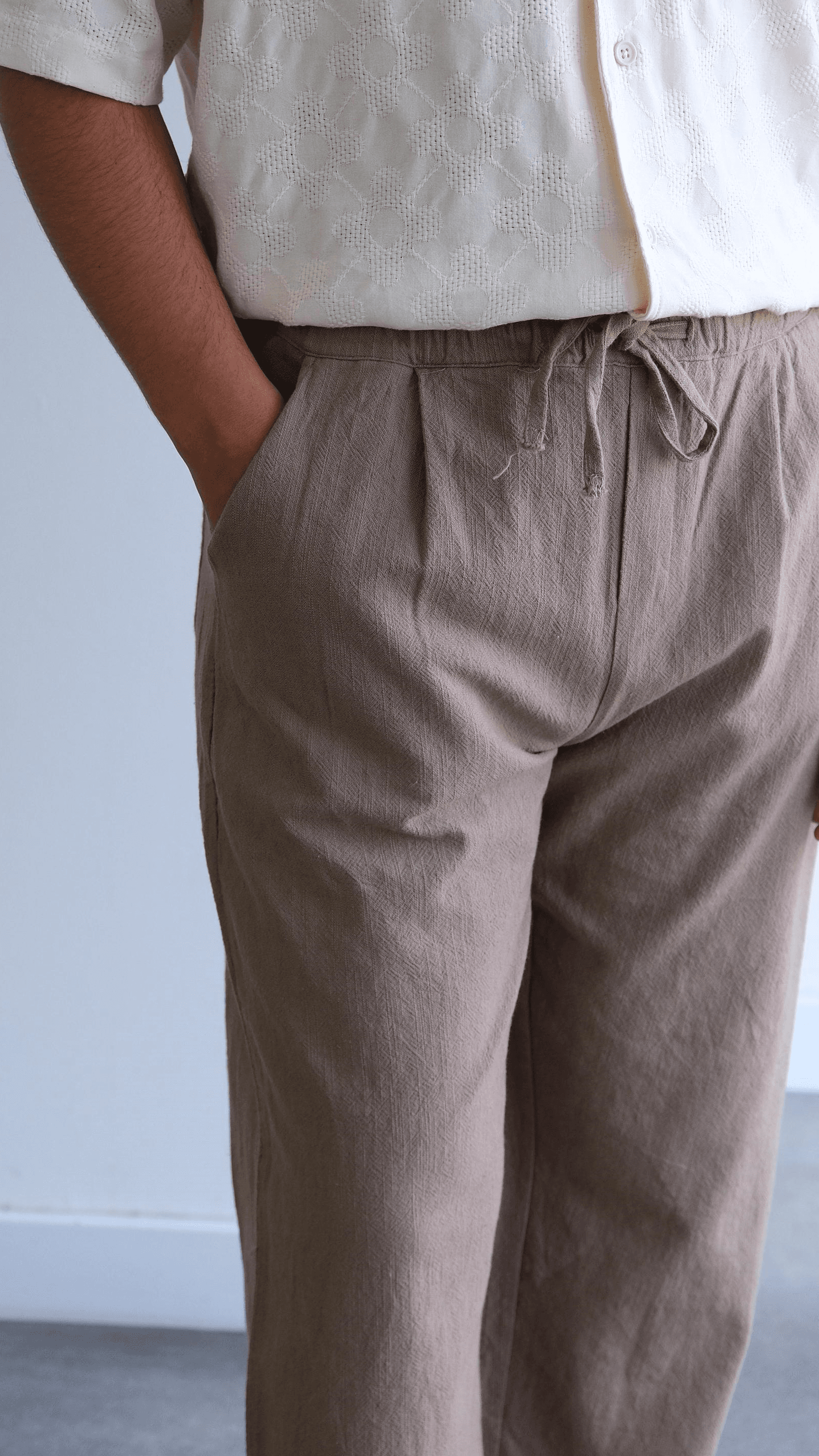 Kahve Baggy Keten Bağcıklı Pantolon