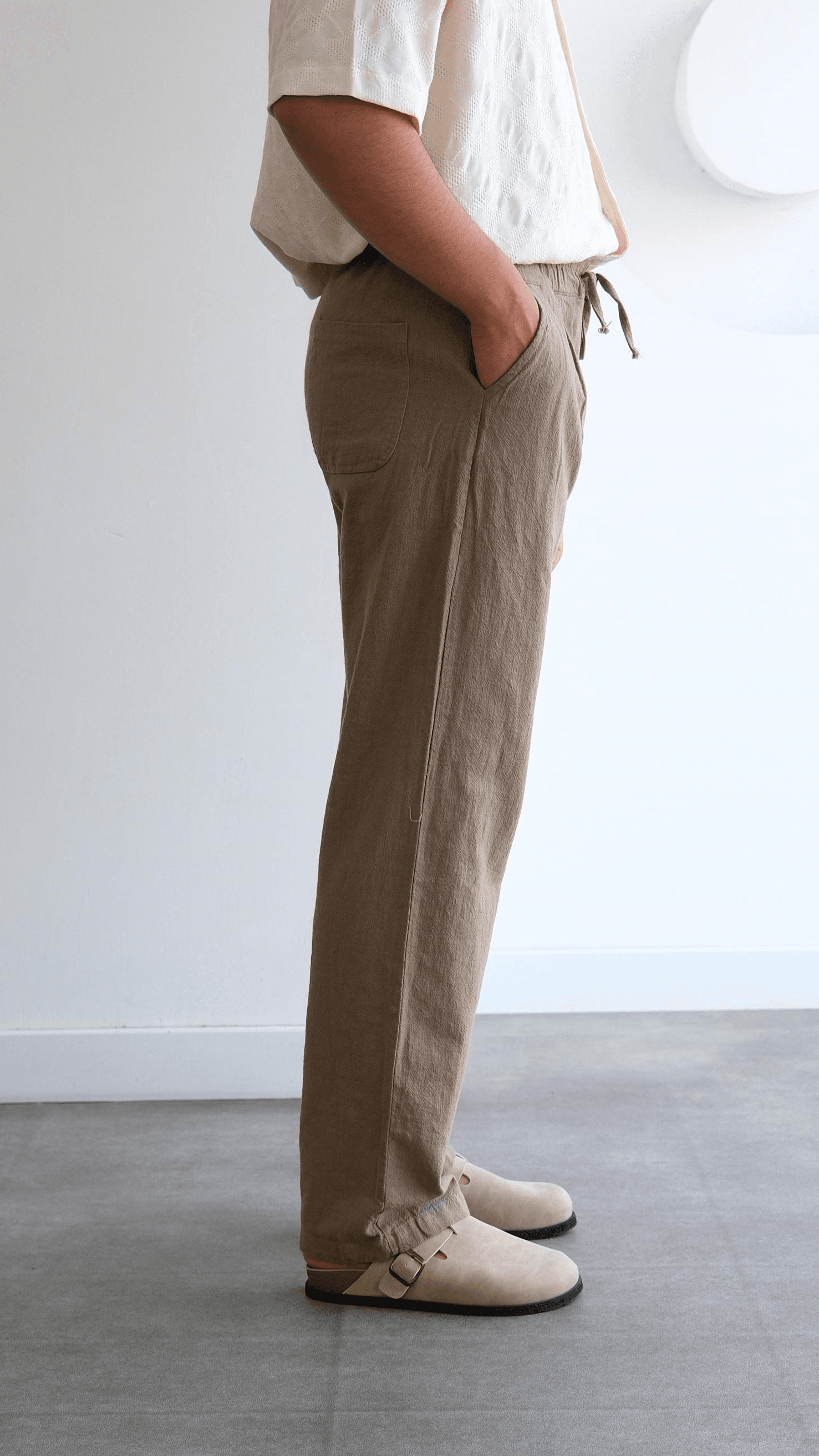 Kahve Baggy Keten Bağcıklı Pantolon