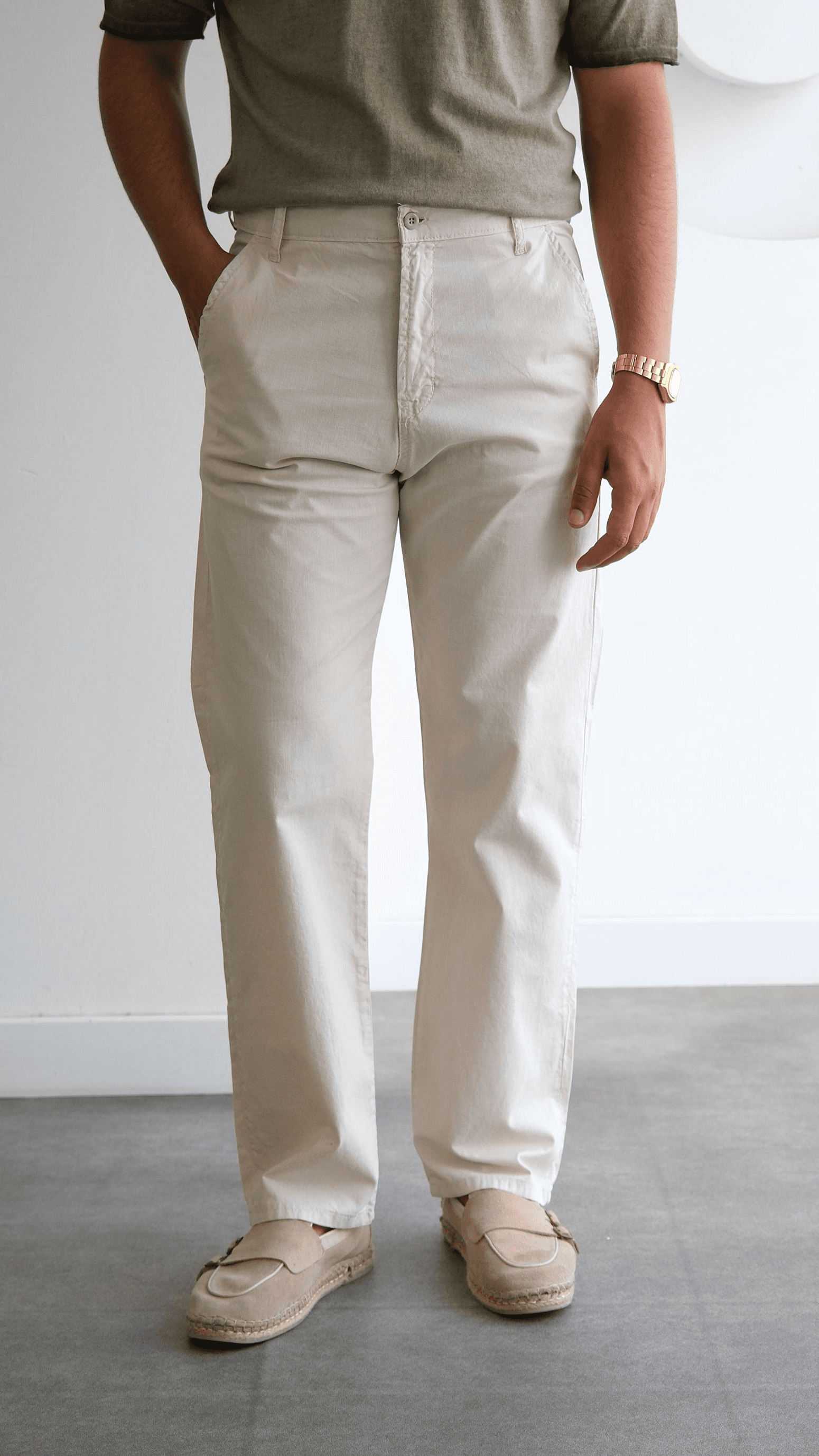 Krem Baggy Pamuk Keten Pantolon