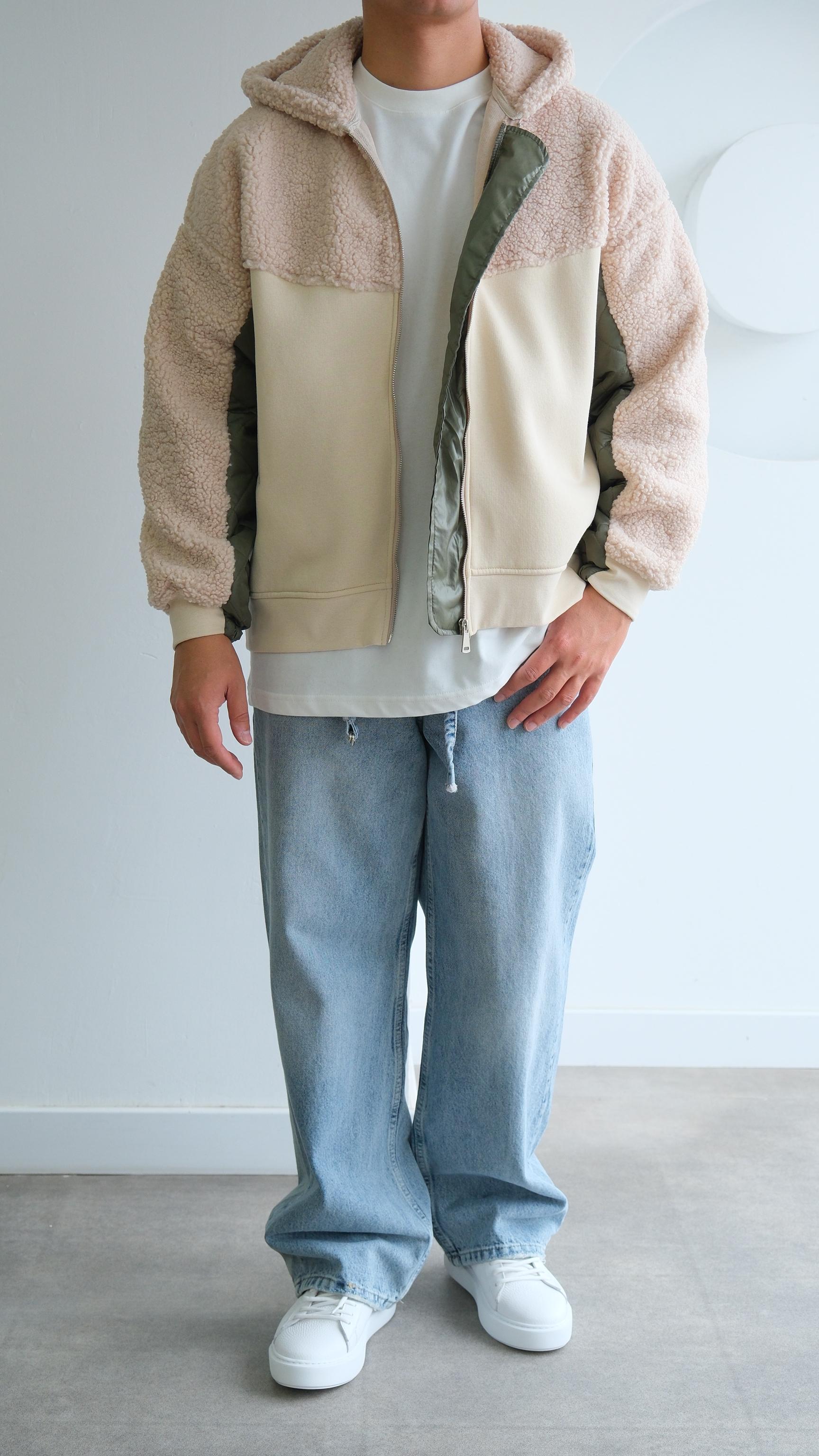 Bej Kapüşonlu Blok Peluşlu Sweatshirt