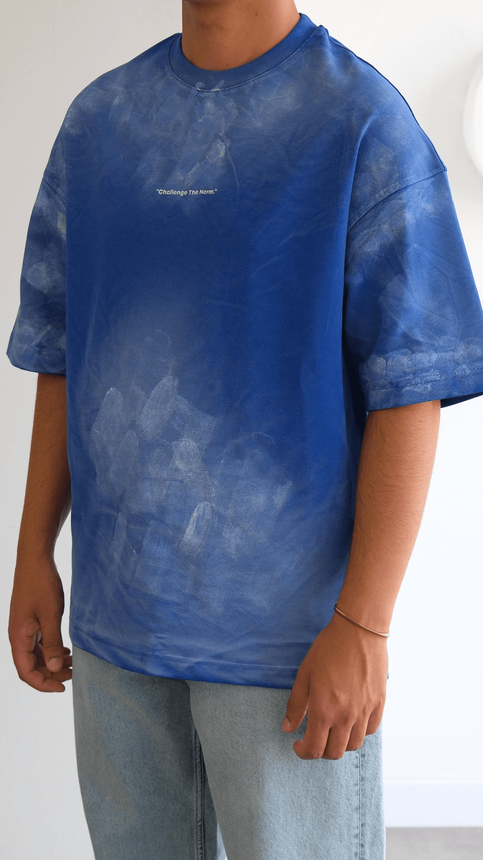 Saks Mavisi Yazı Baskılı Yıkamalı Tshirt