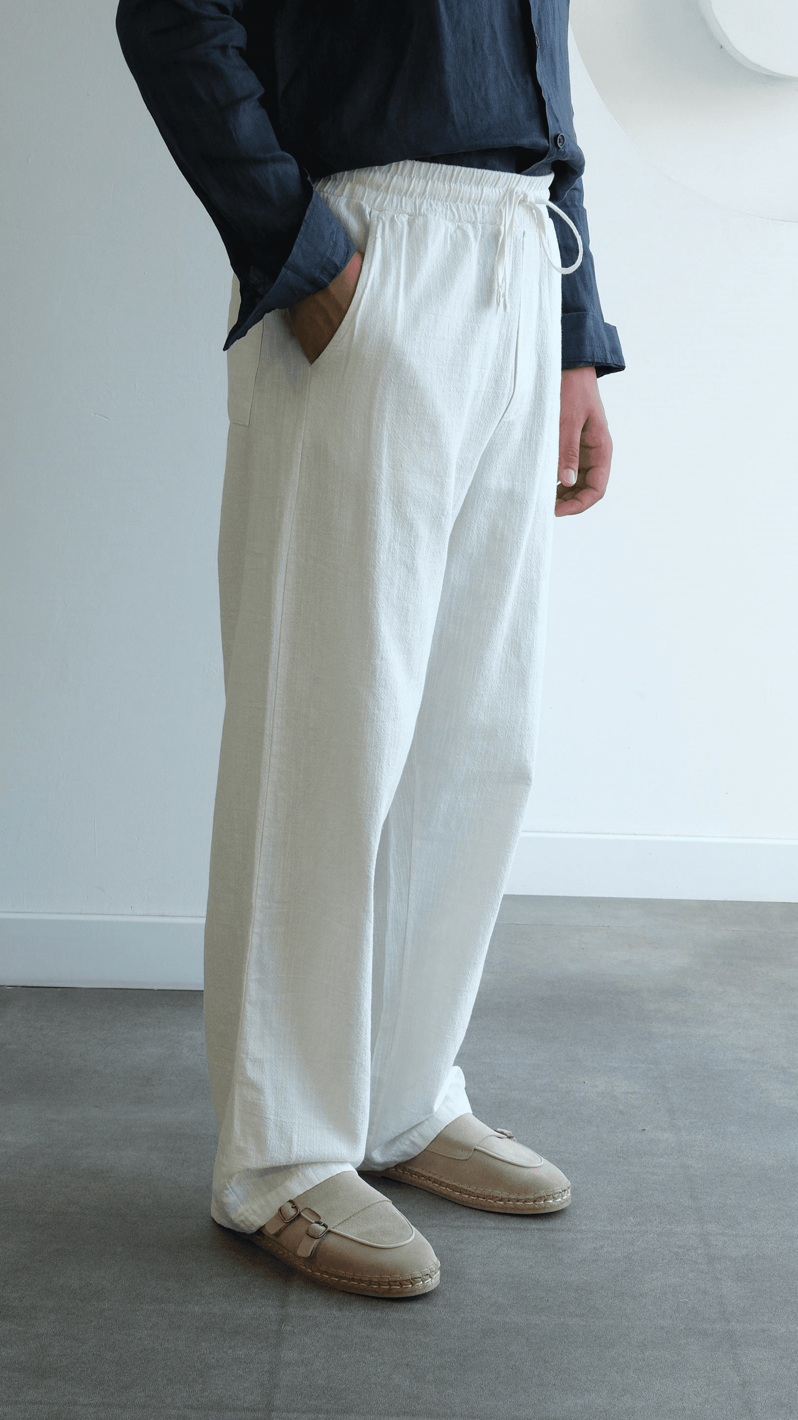 Beyaz Bağcıklı Baggy Keten Pantolon