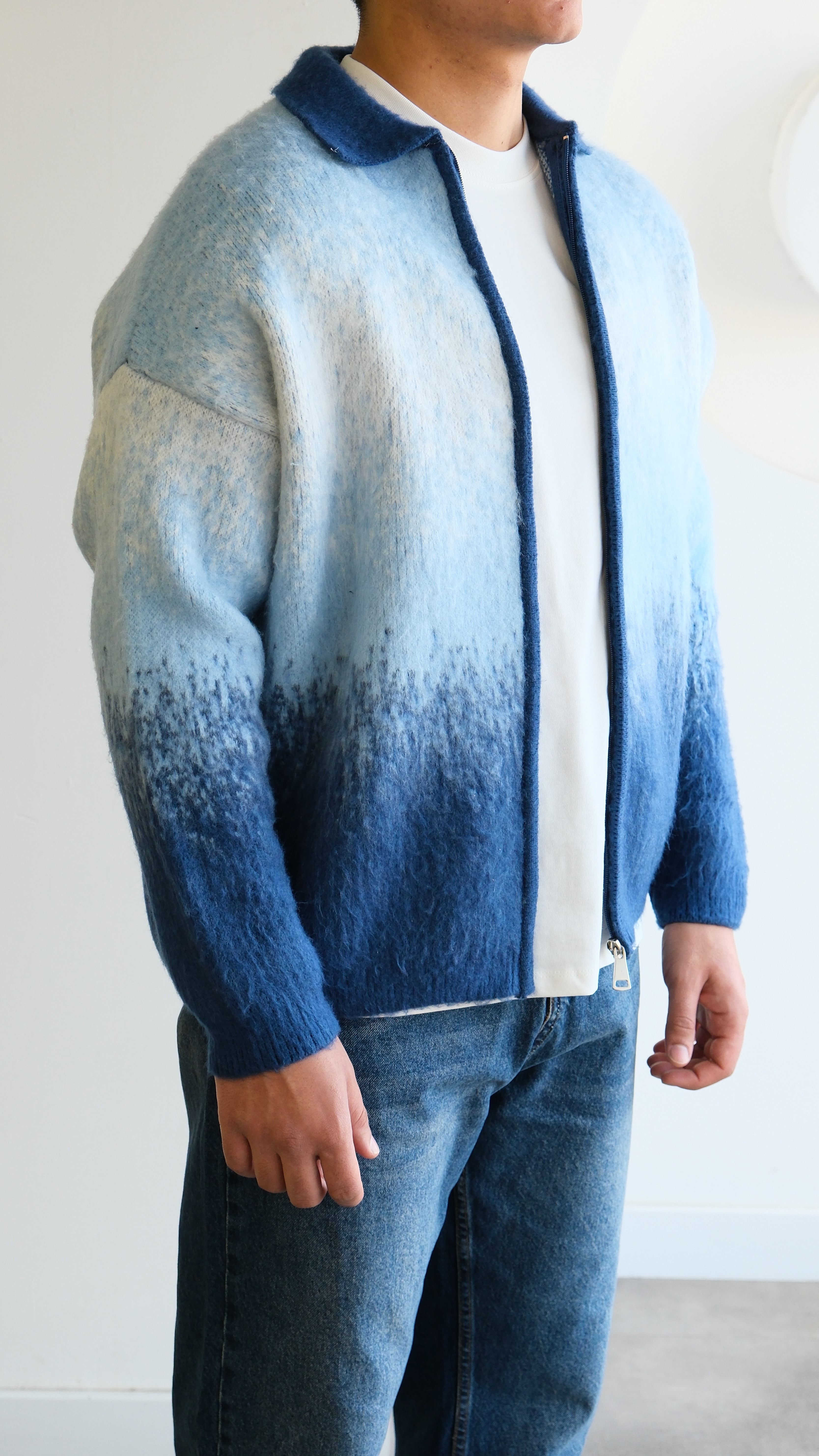 Yün Görünümlü Mavi Kontrast Kalın Hırka