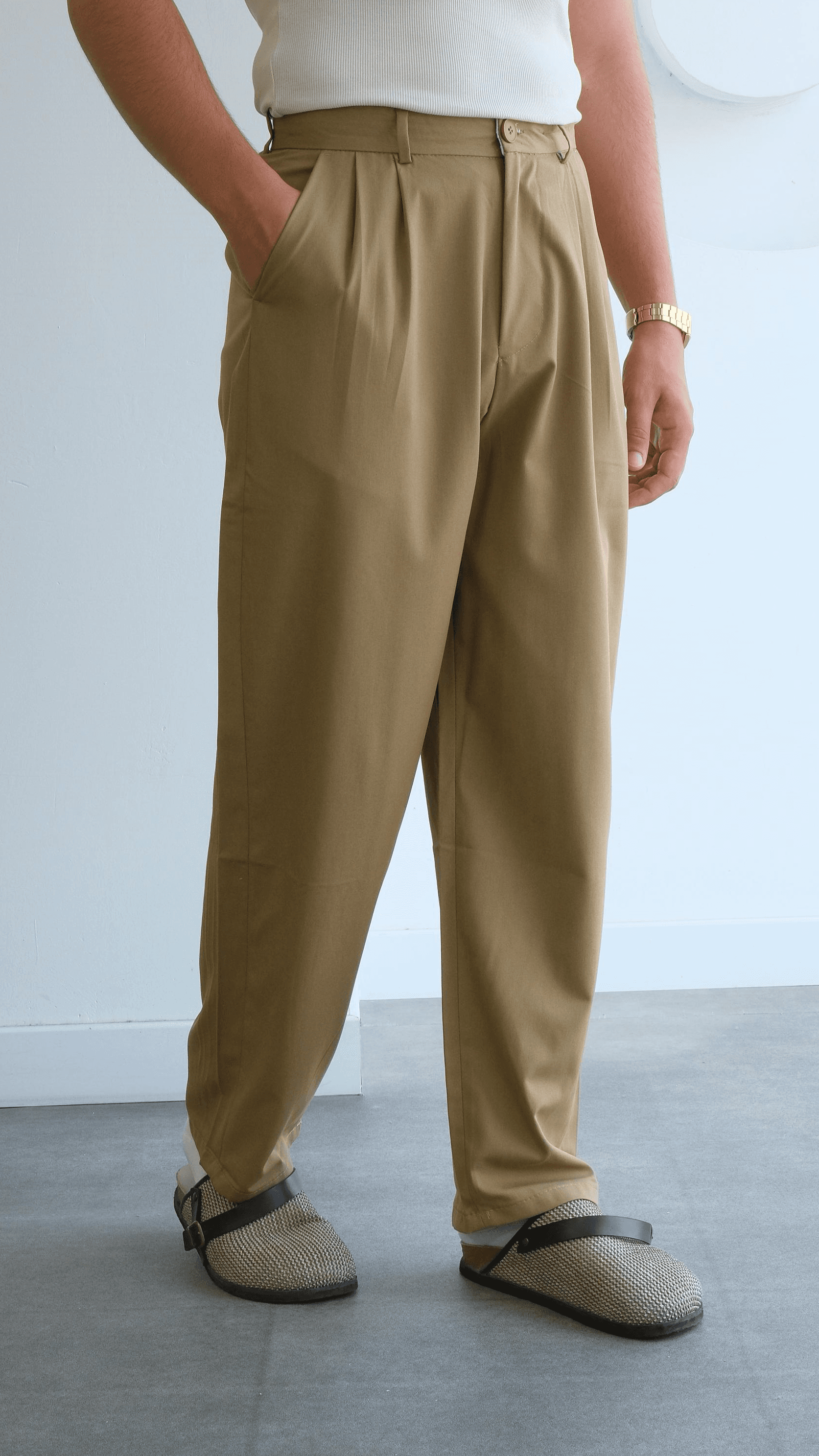 Camel Baggy Pileli Kumaş Pantolon