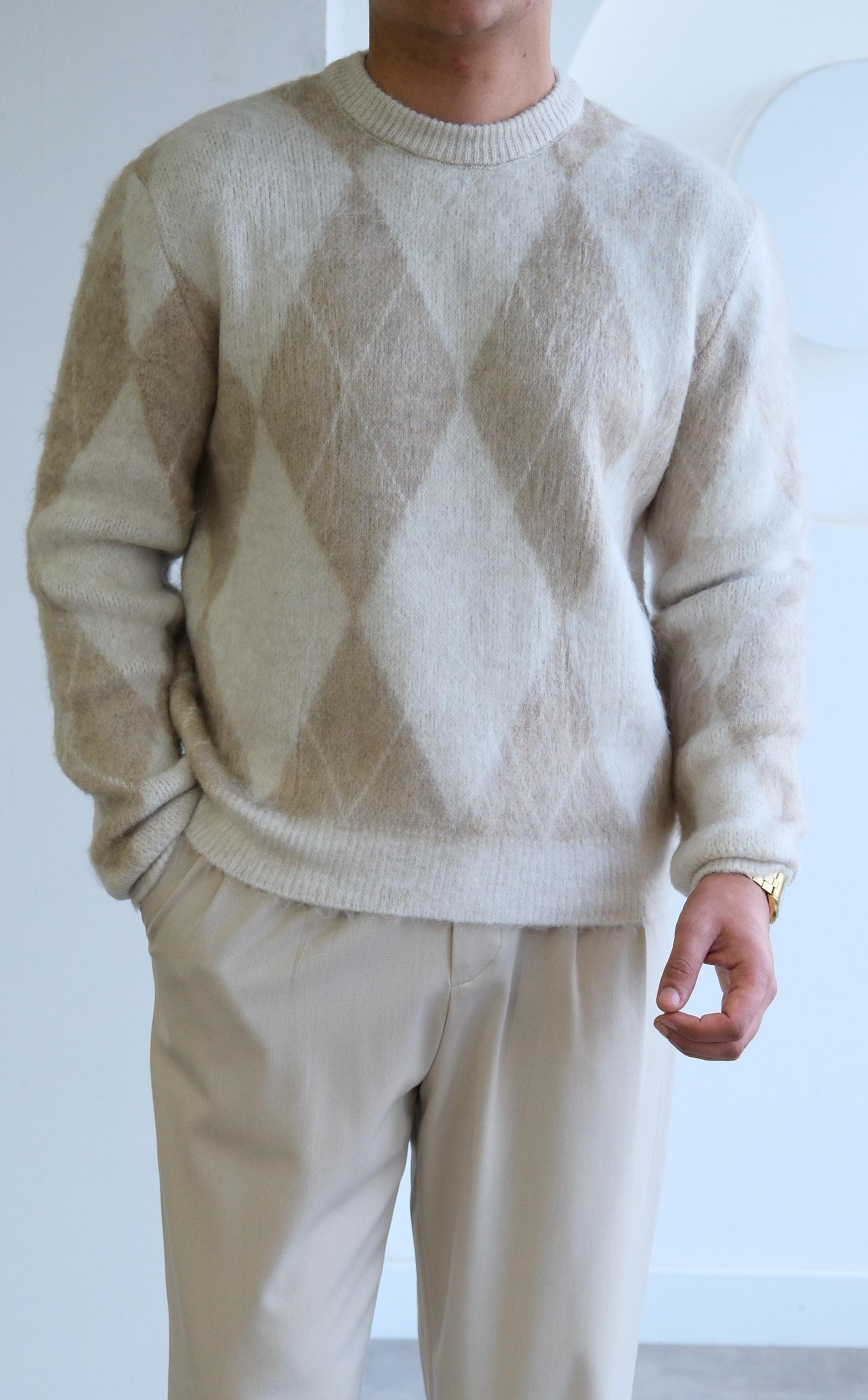 Baklava Desenli Bej Yün Görünümlü Kazak