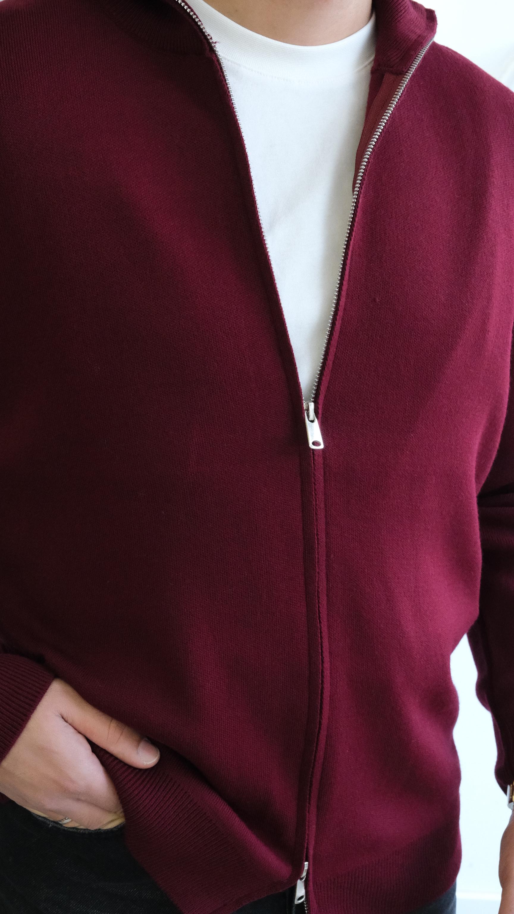 Bordo Fermuarlı Örme Hırka