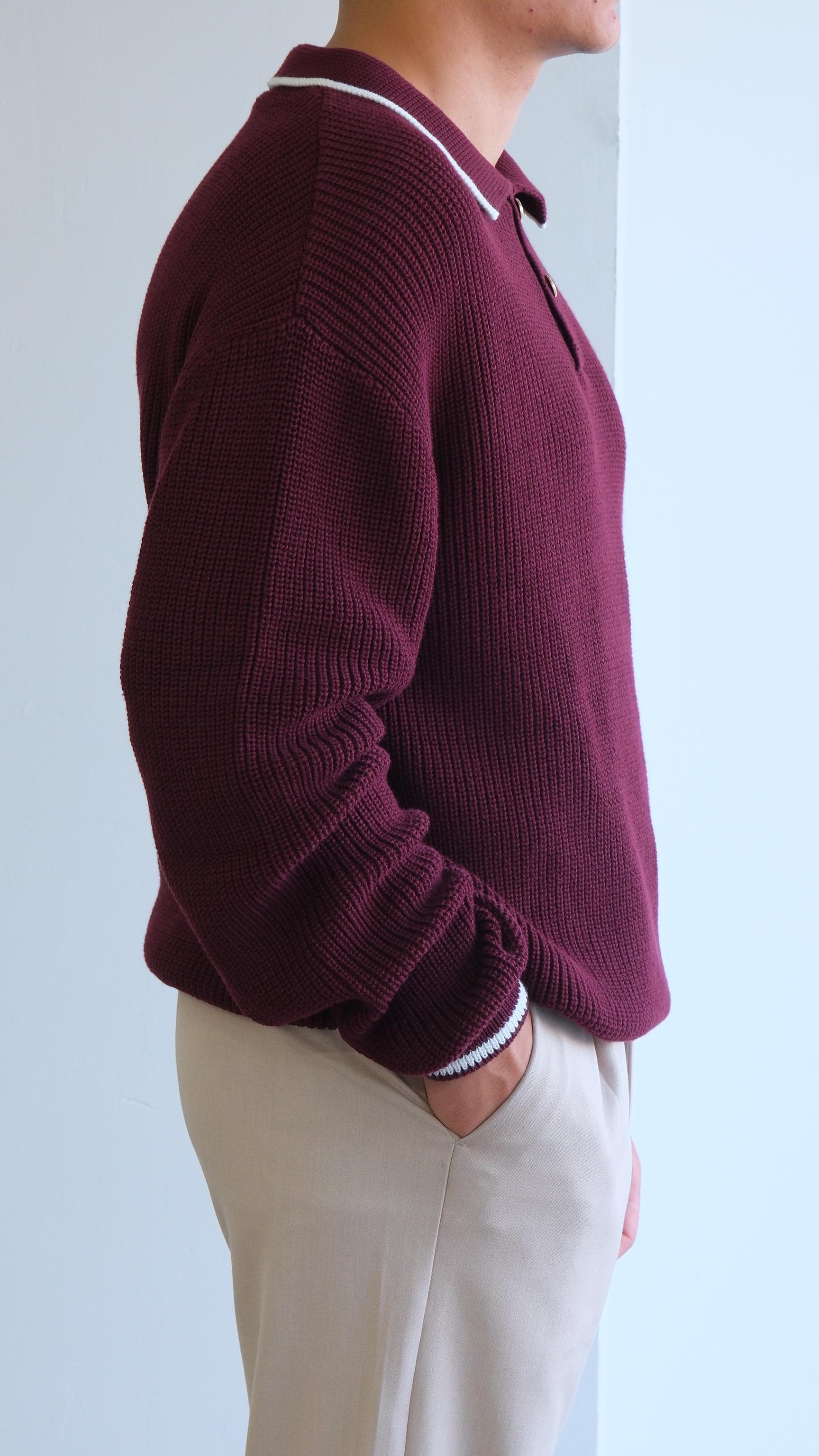 Bordo Örme Polo Yaka Şeritli Kazak