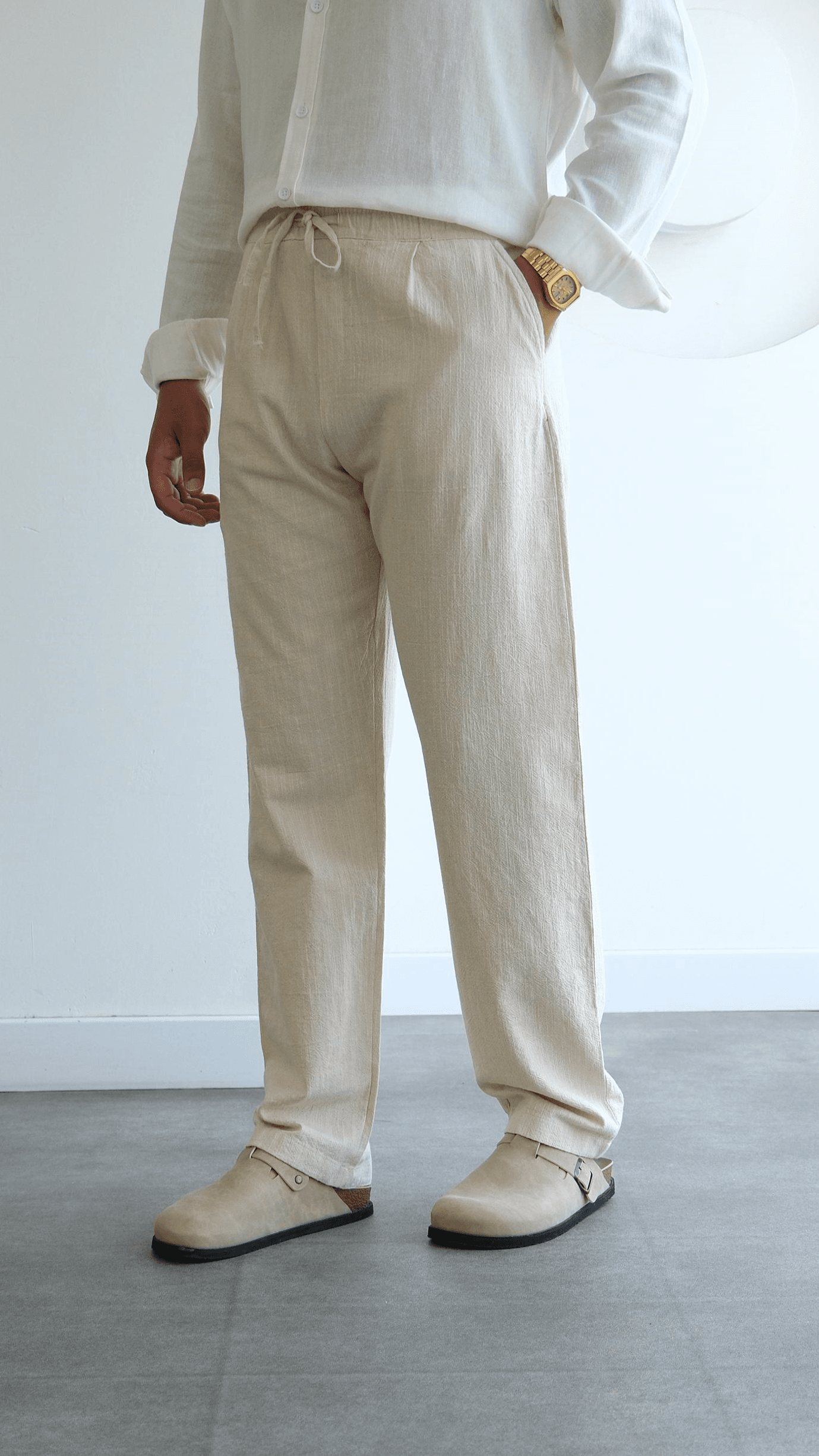 Bej Baggy Keten Bağcıklı Pantolon