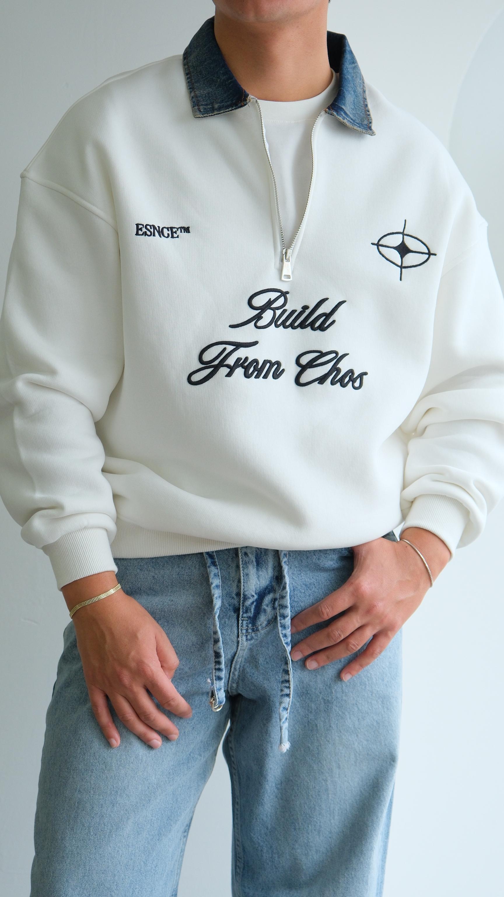 Fermuarlı Kot Polo Yaka Beyaz Sweat