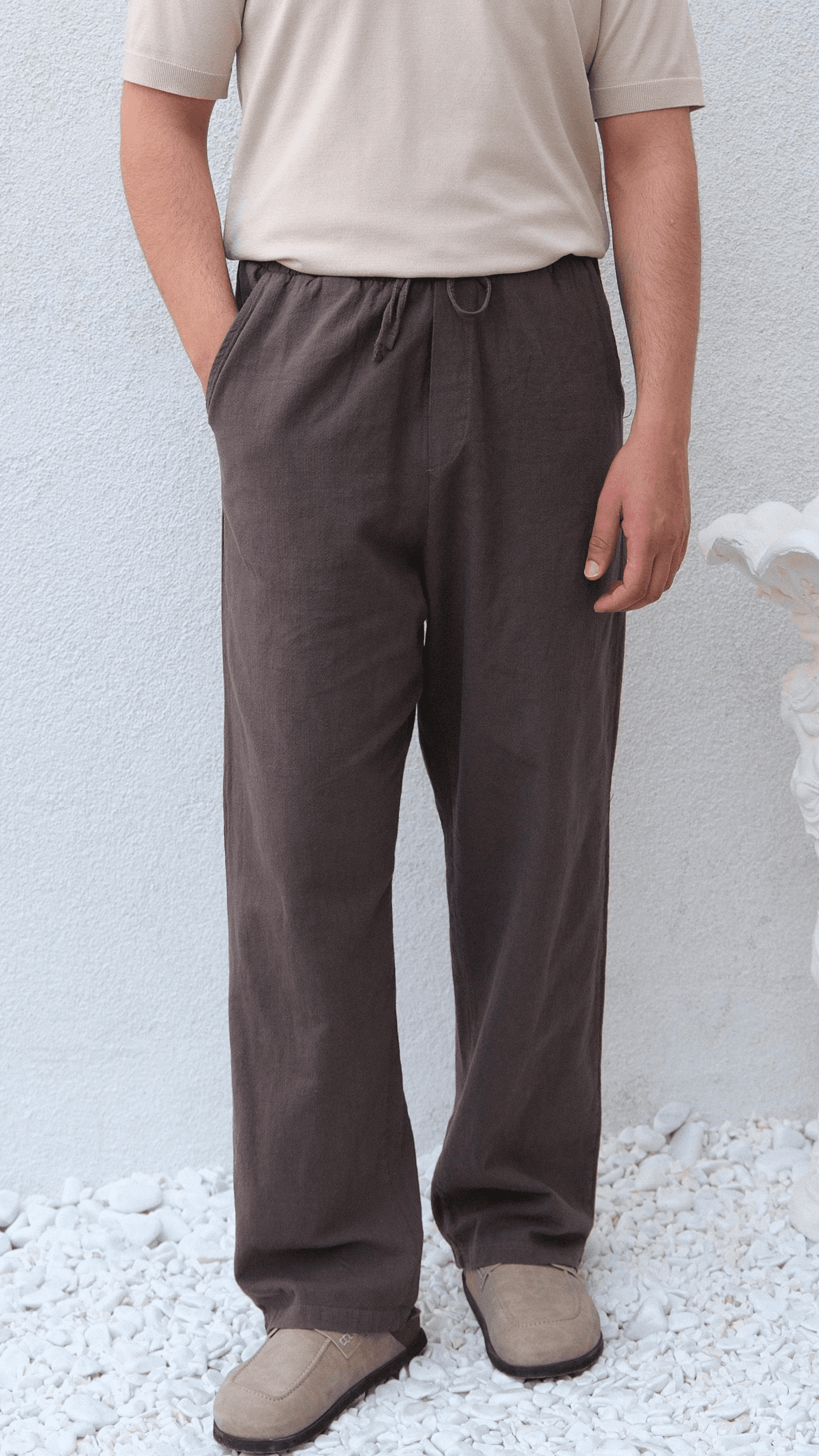 Kahve Bağcıklı Baggy Keten Pantolon