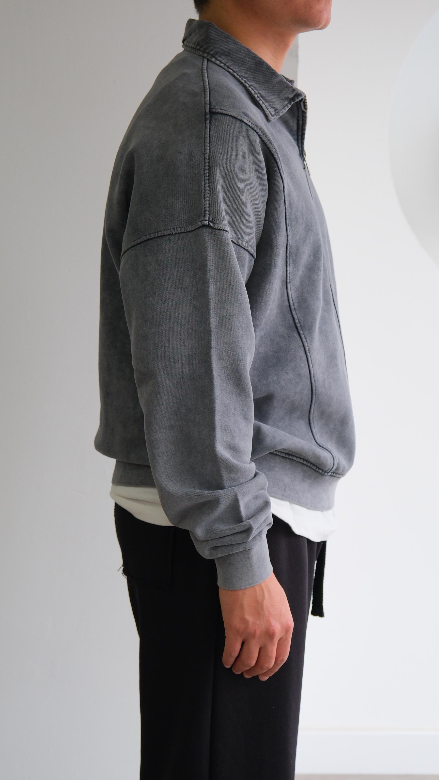 Yıkamalı Gri Fermuarlı Polo Yaka Sweat