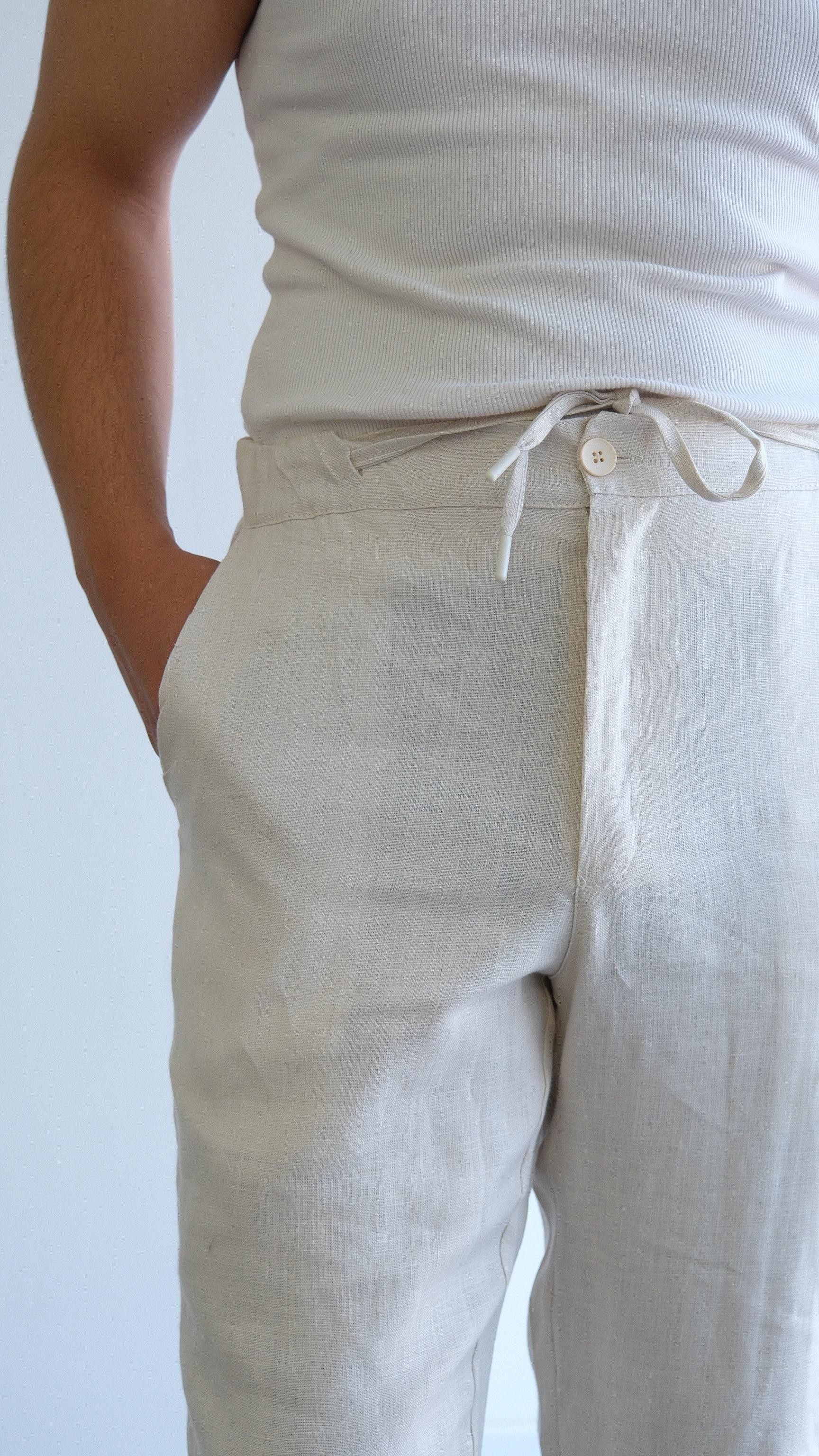 Regular Fit Ekru Keten Pantolon