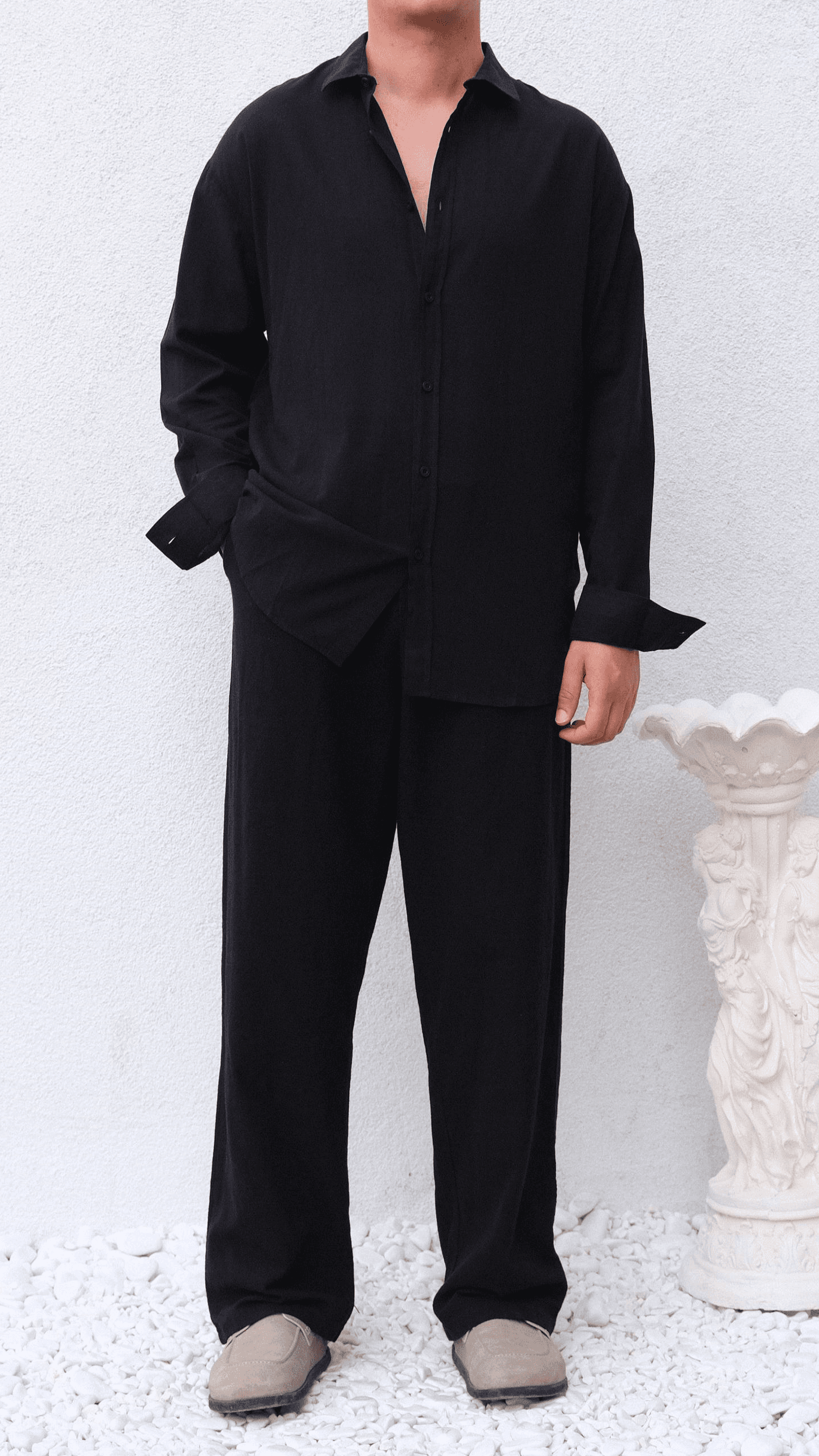 Siyah Bağcıklı Baggy Keten Pantolon