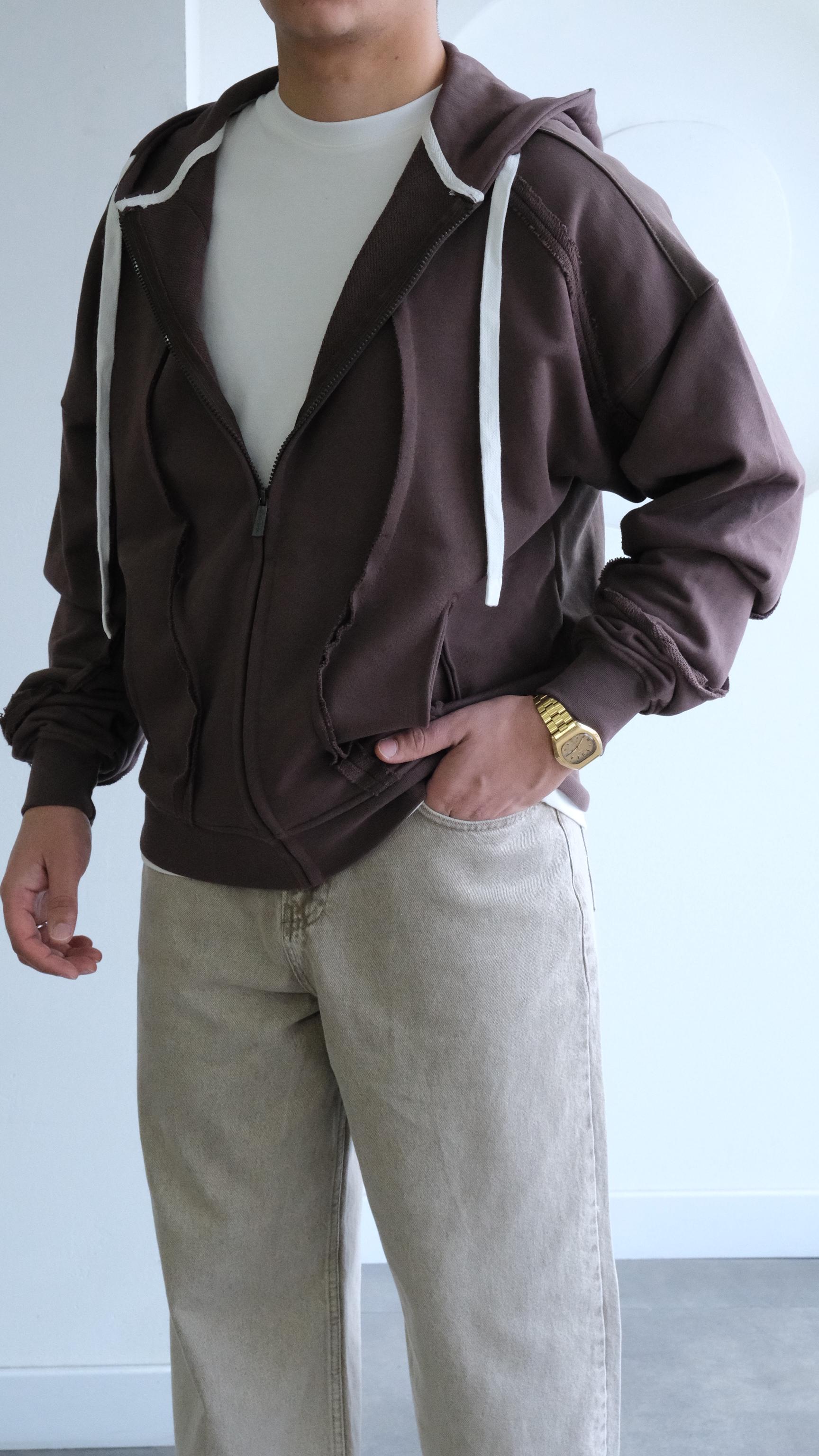 Kahve Kapüşonlu Şerit Desenli Sweatshirt