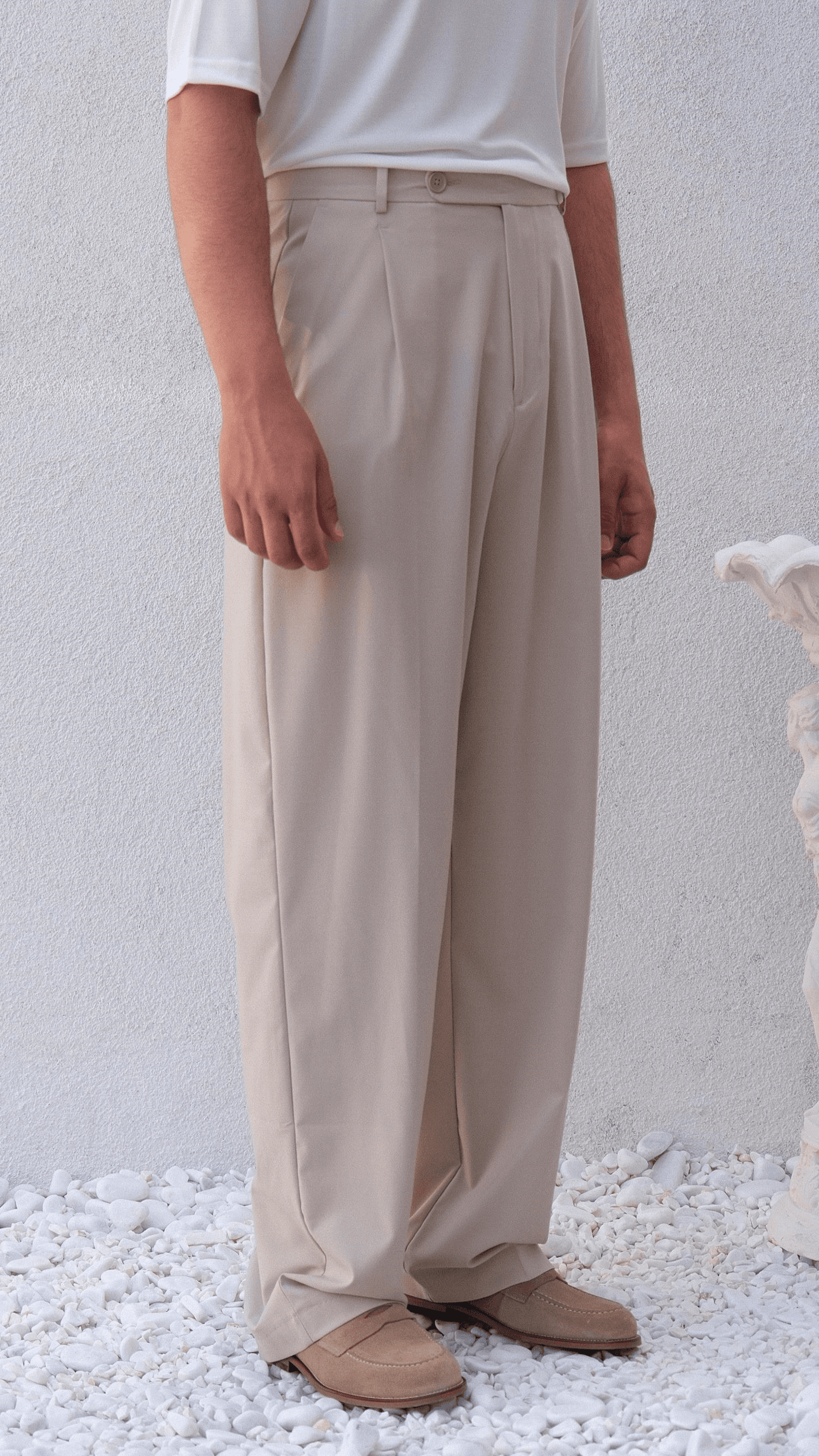 Ekru Baggy Çift Pileli Kumaş Pantolon