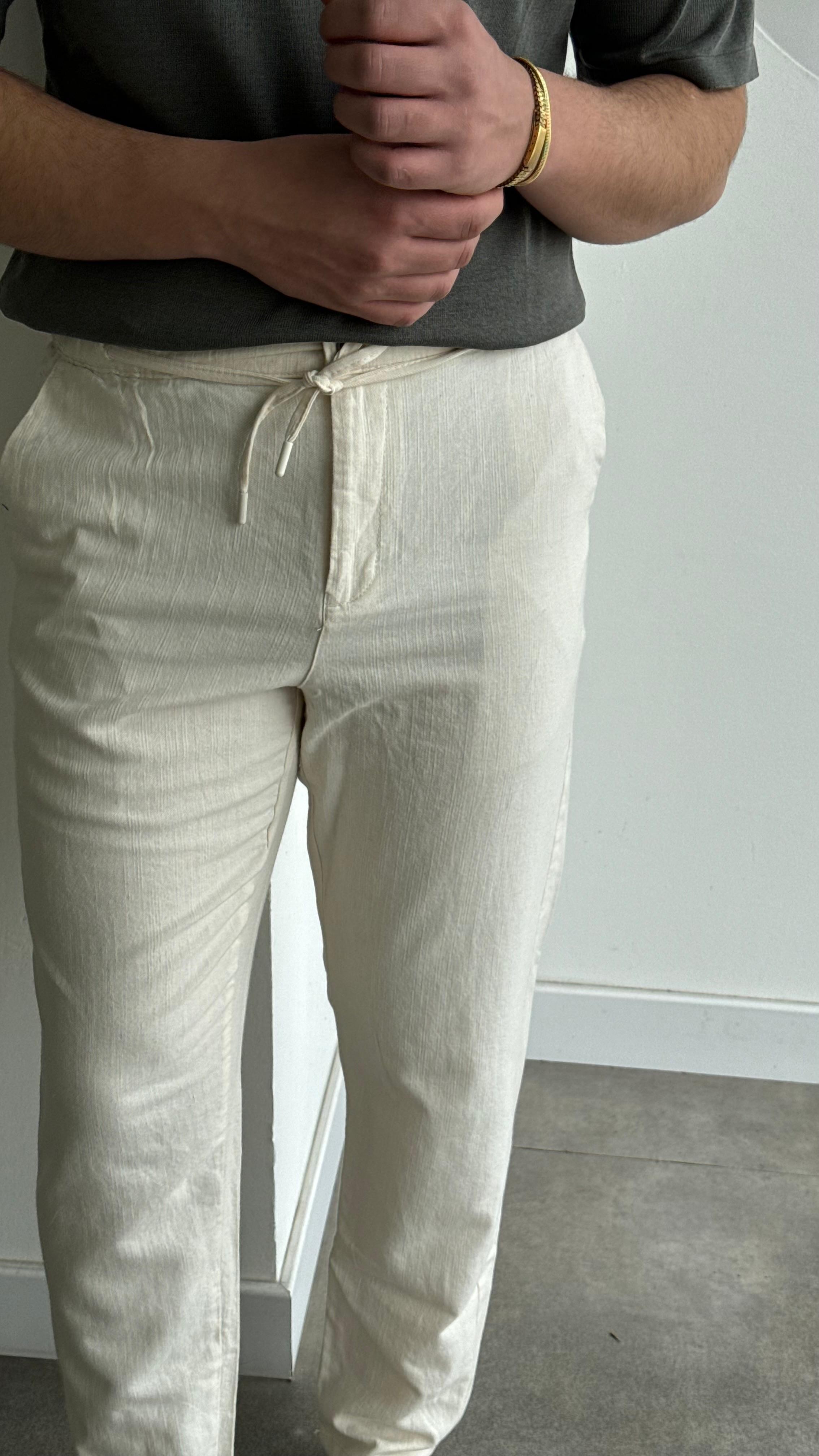 Bej Belden Bağcıklı Regular Keten Pantolon