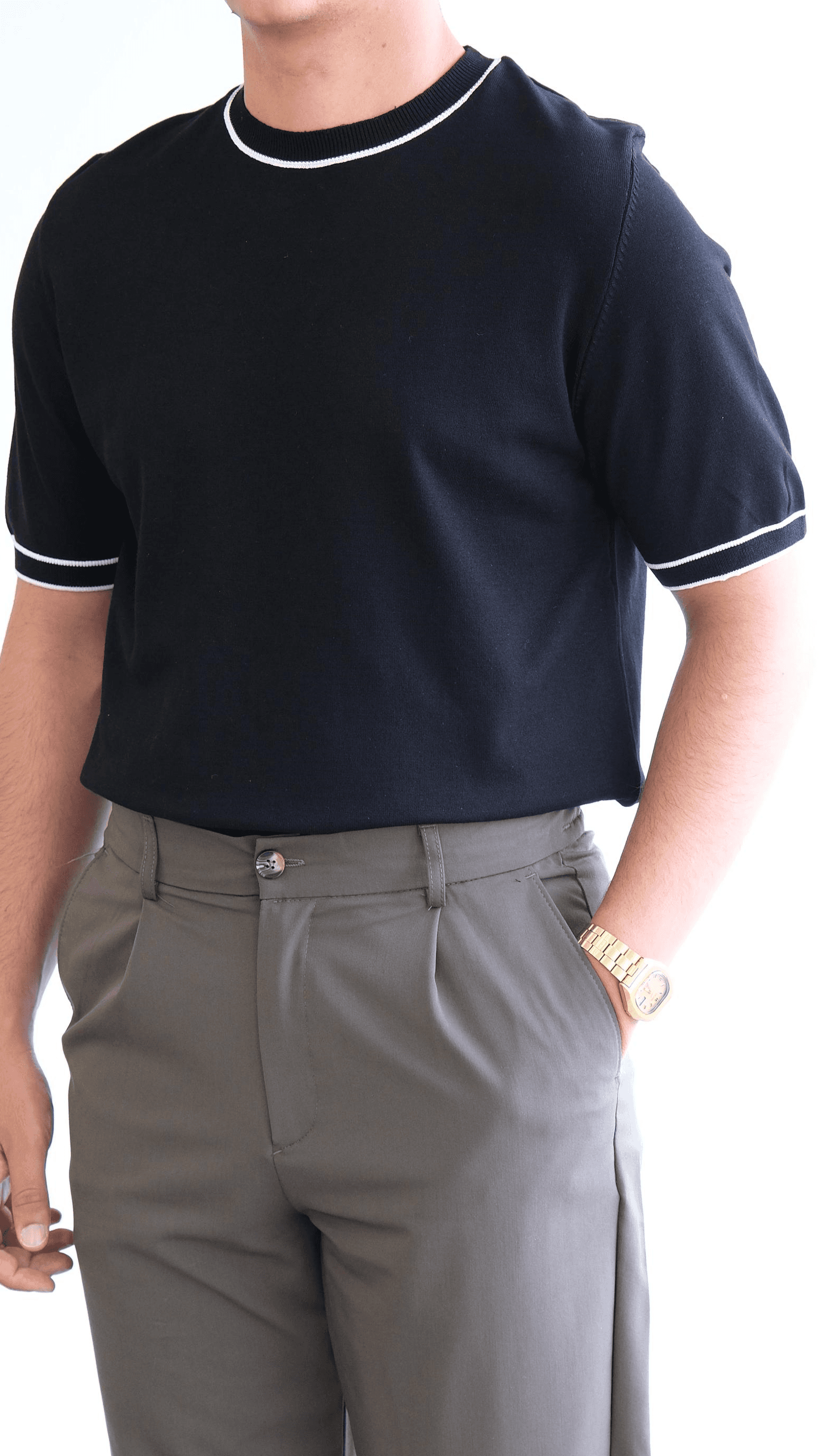Siyah Simit Yaka Şeritli Triko Tshirt