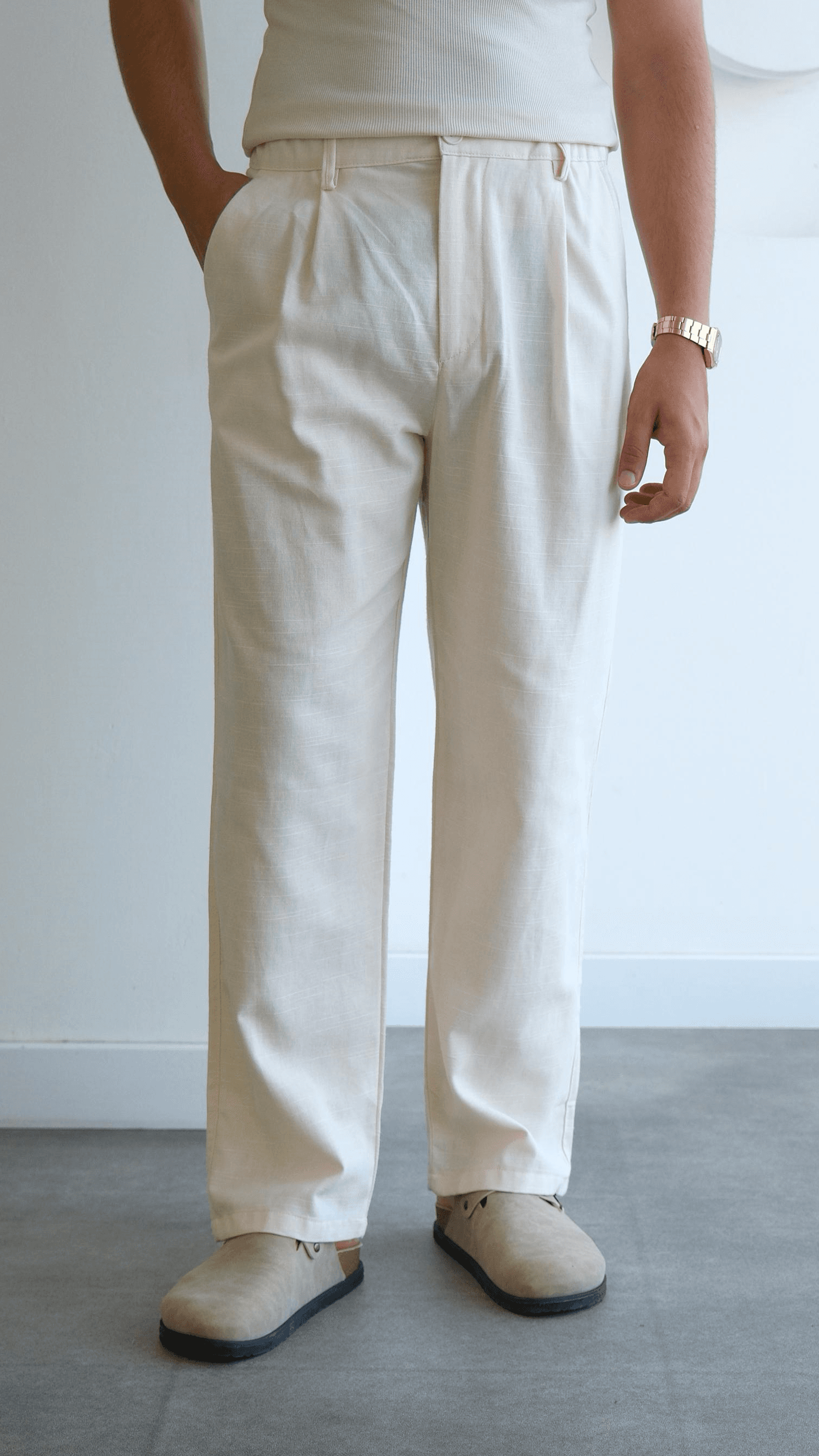 Ekru Baggy Keten Pantolon