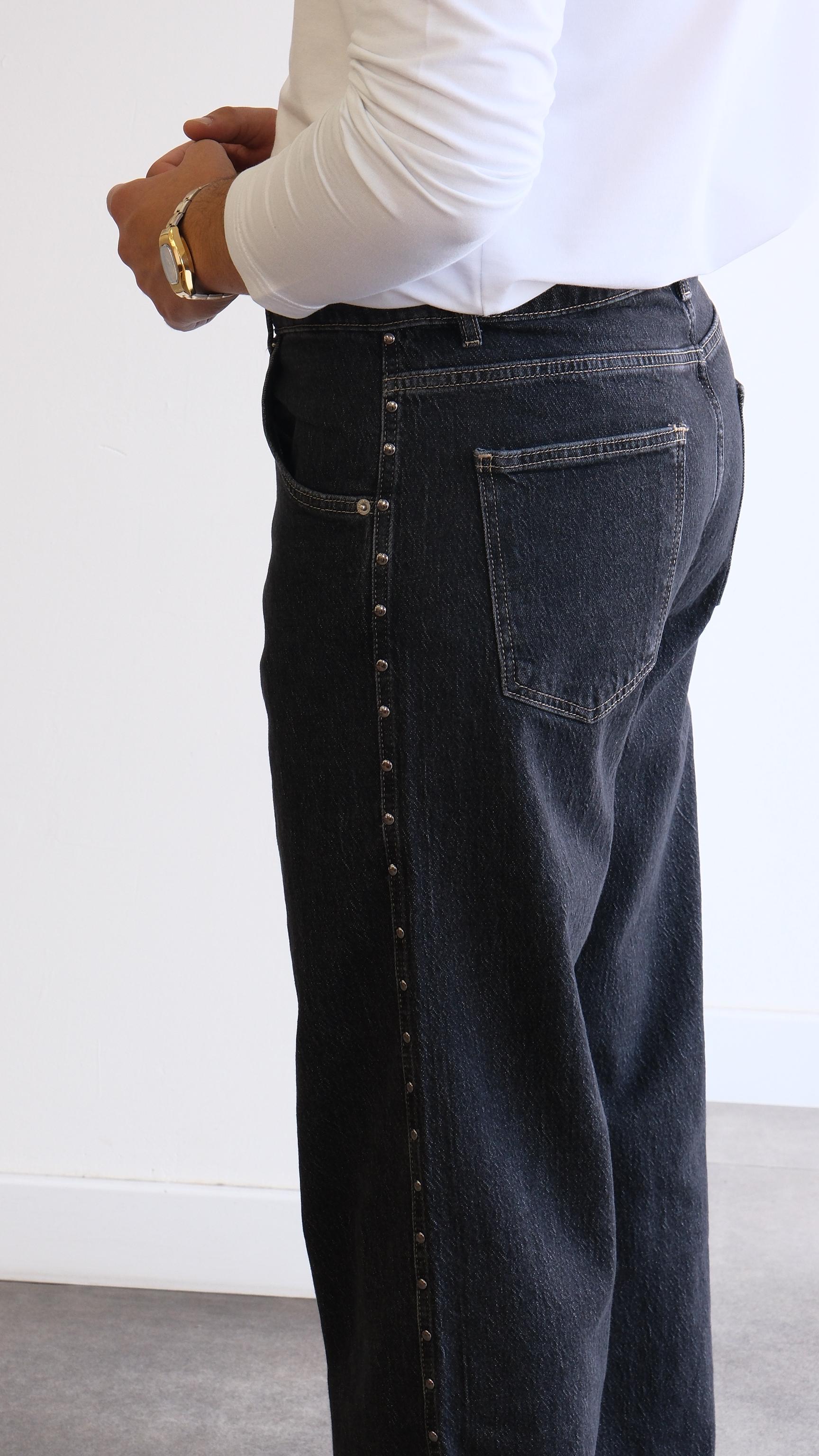 Metal Detaylı Gri Baggy Jean Pantolon