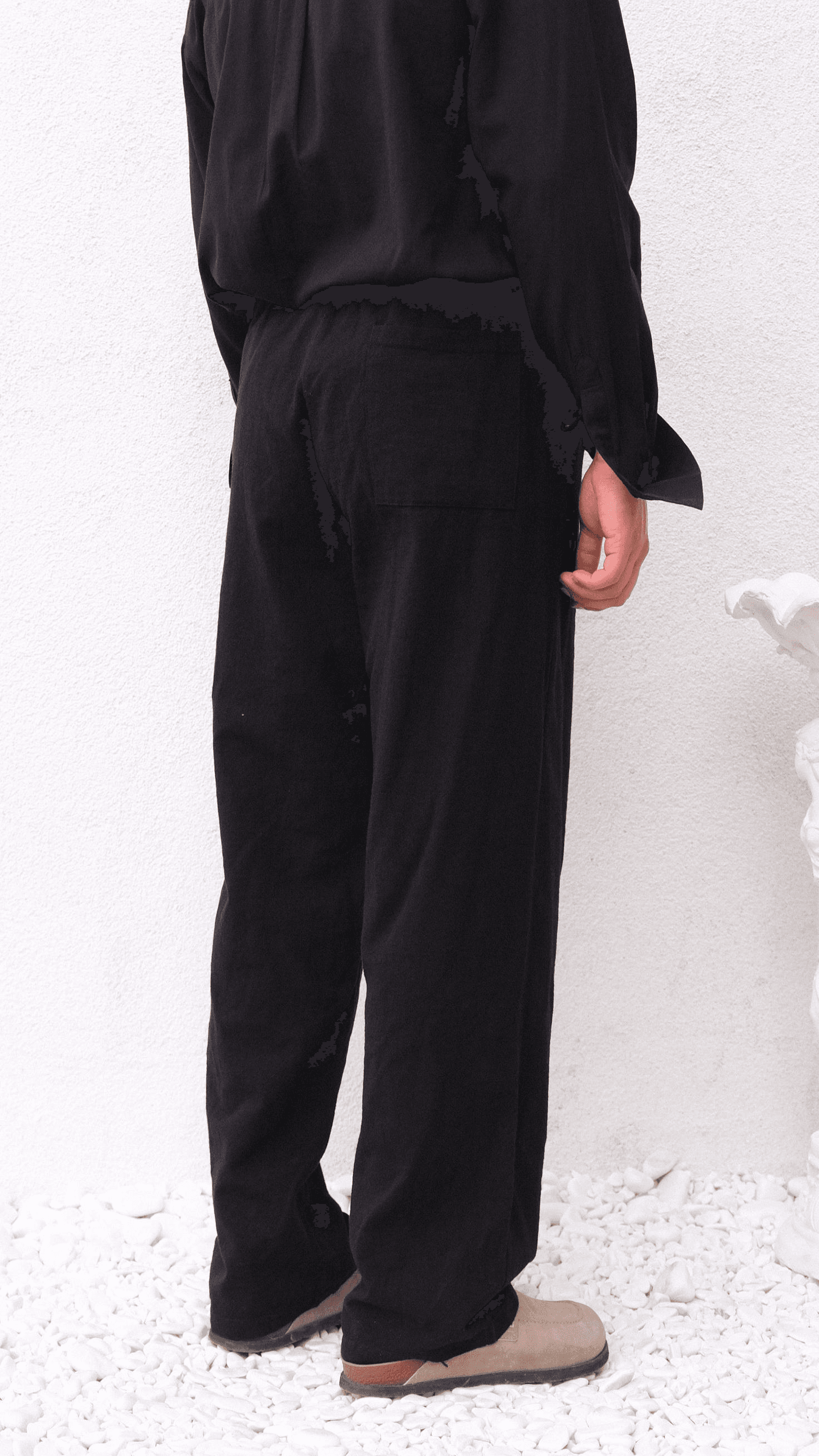 Siyah Bağcıklı Baggy Keten Pantolon