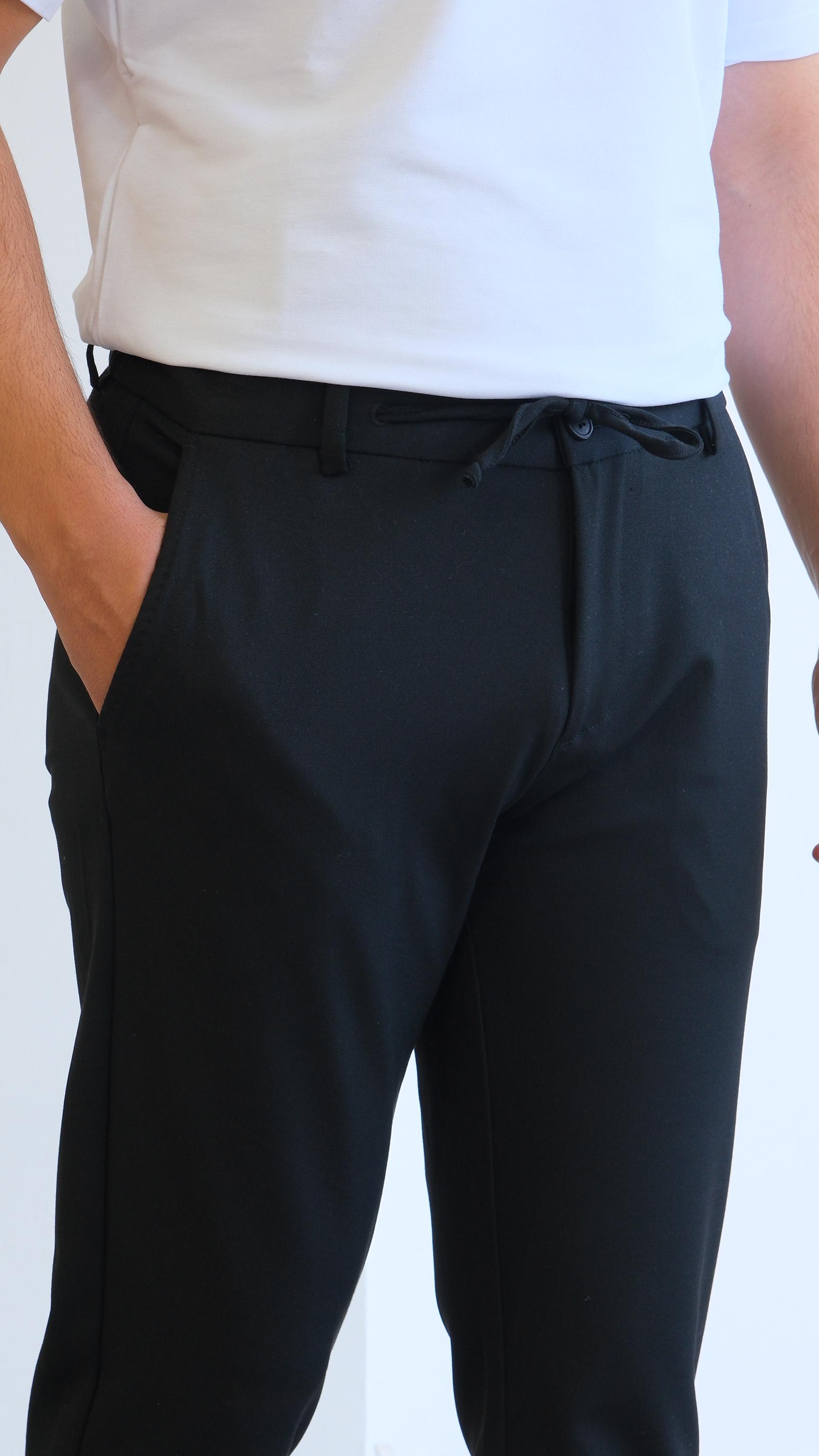 Siyah Regular Belden Bağcıklı Kumaş Pantolon