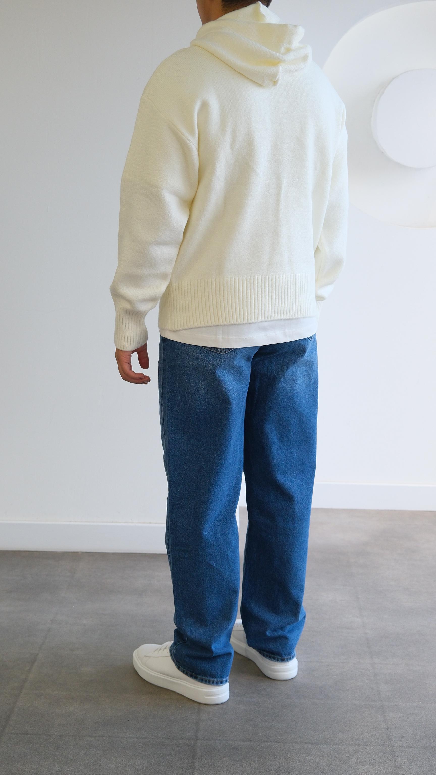 Ekru Yün Kapüşonlu Sweatshirt