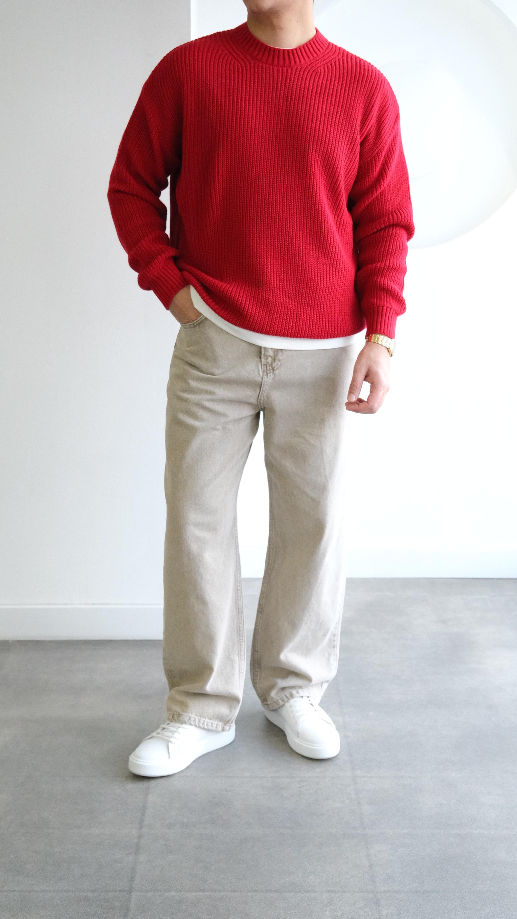 Kırmızı Örme Simit Yaka Kazak