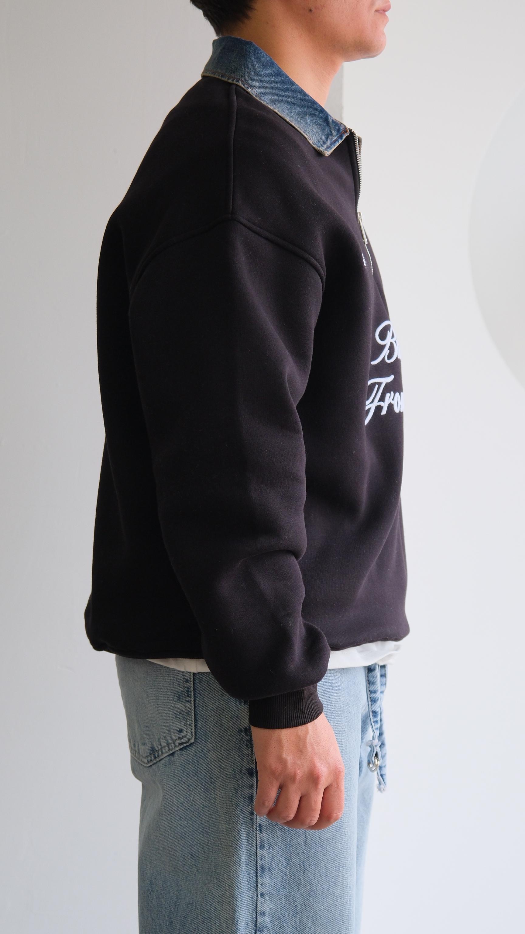 Fermuarlı Kot Polo Yaka Siyah Sweat