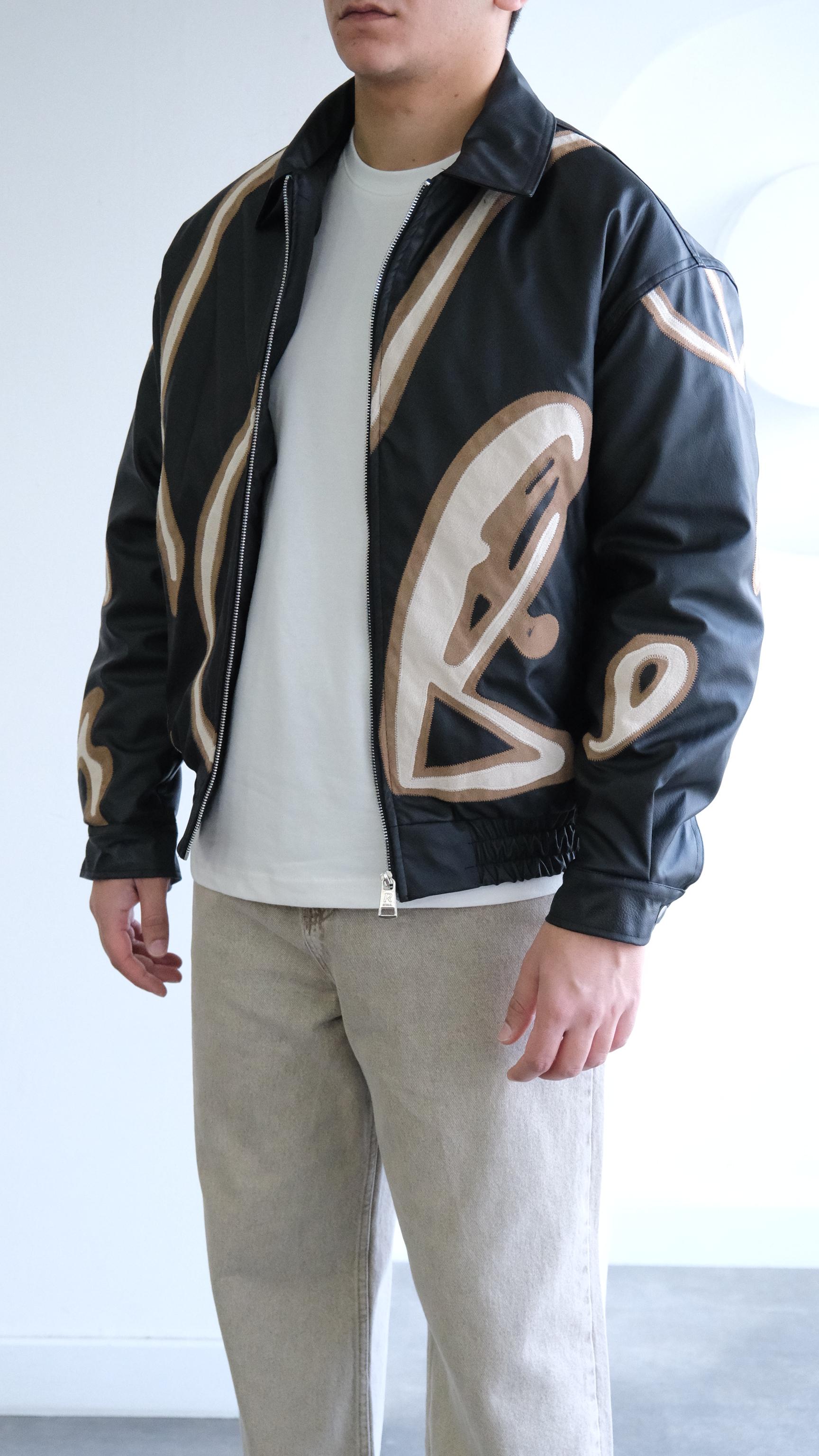 Baskı Detaylı Siyah Bomber Deri Ceket