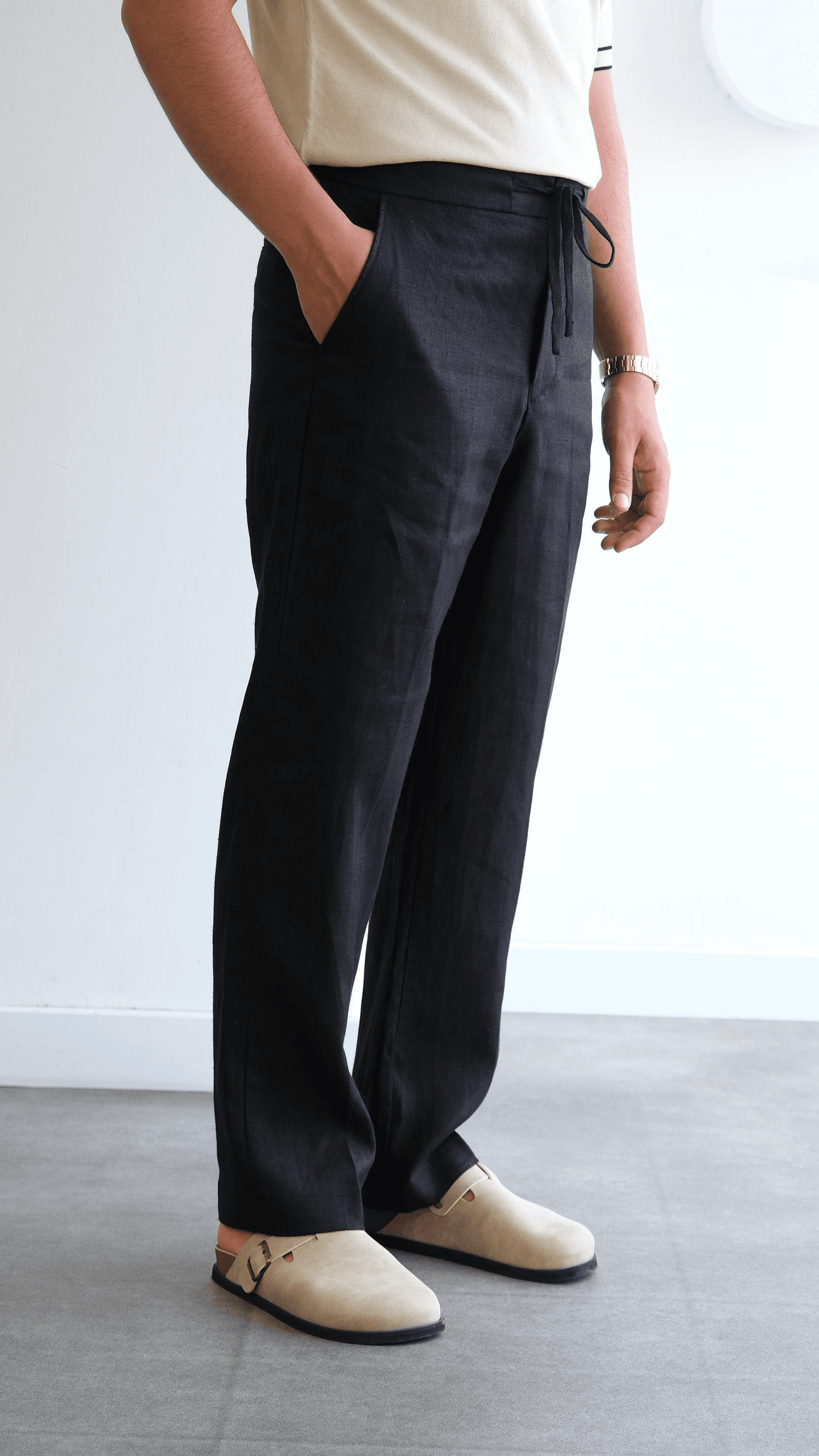 Siyah Keten Belden Bağlamalı Baggy Pantolon