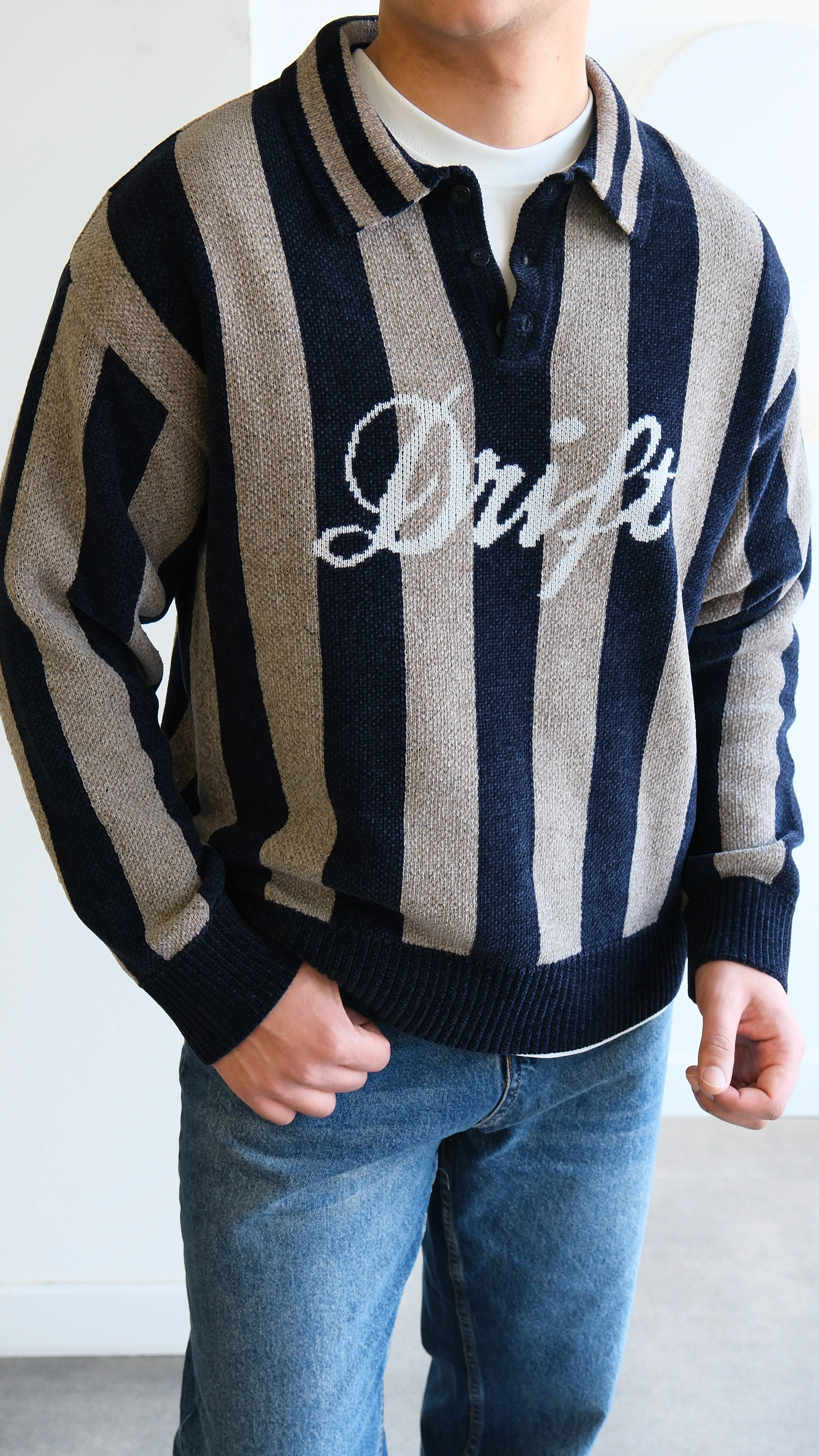 Polo Yaka Jakarlı Örme Kazak