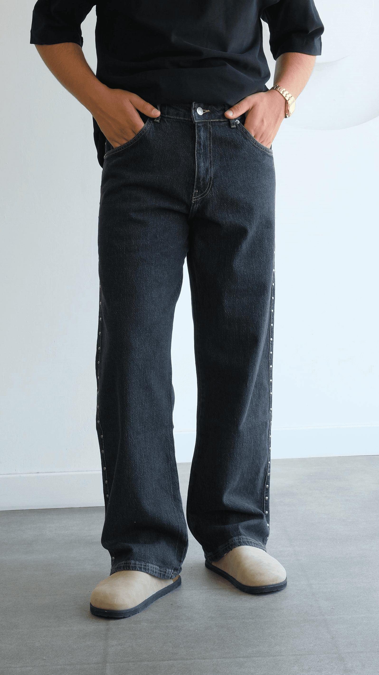 Metal Detaylı Gri Baggy Jean