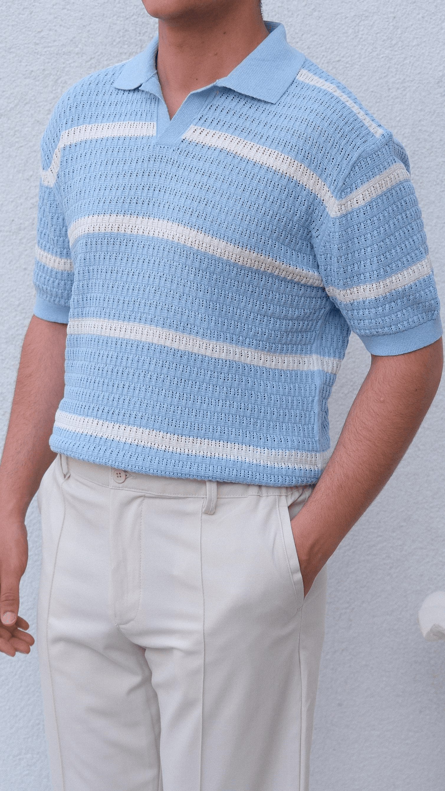 Bebe Mavisi Bukle Örme Şeritli Apaş Yaka Tshirt