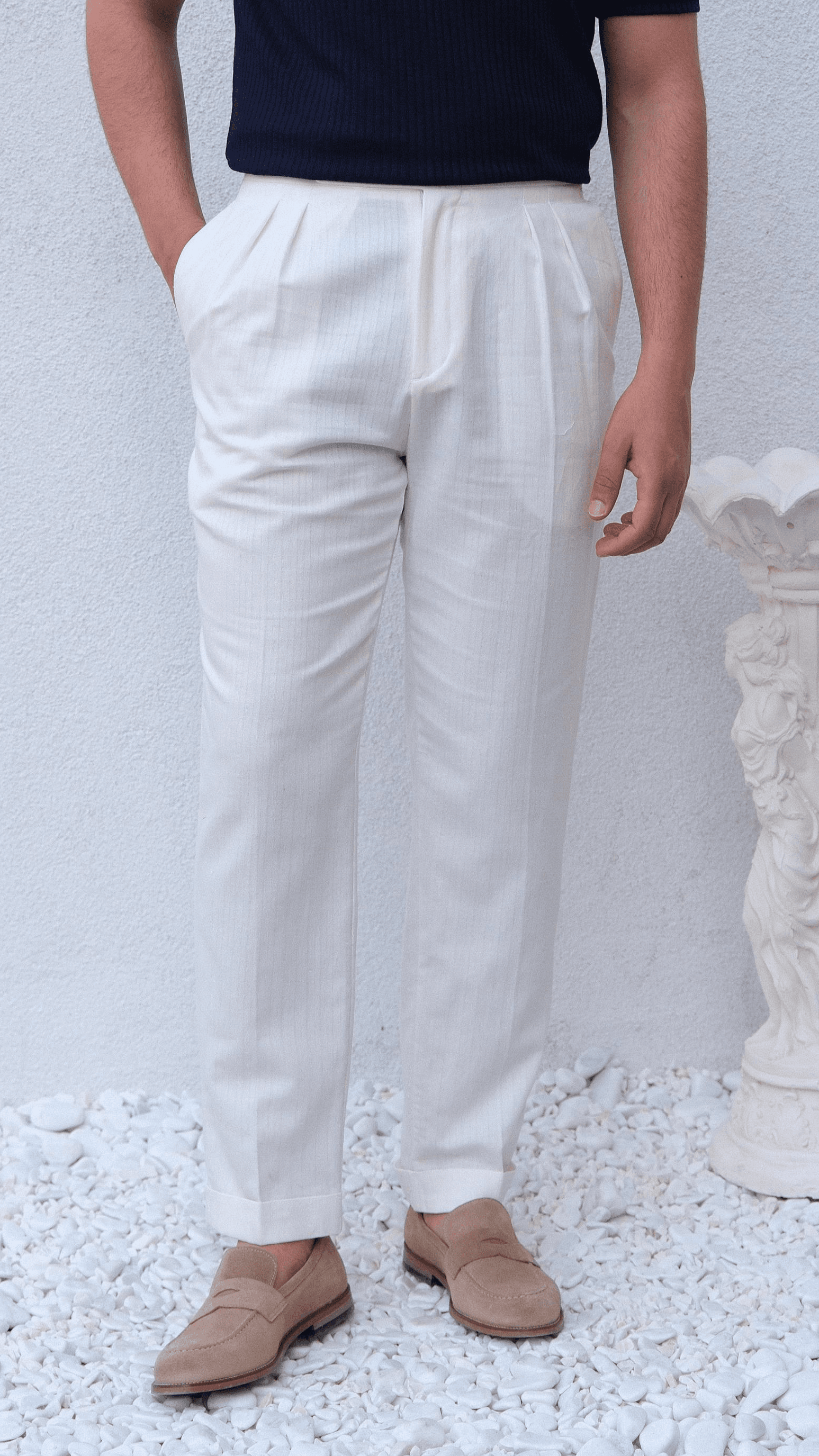 Beyaz İtalyan Kesim Keten Pantolon