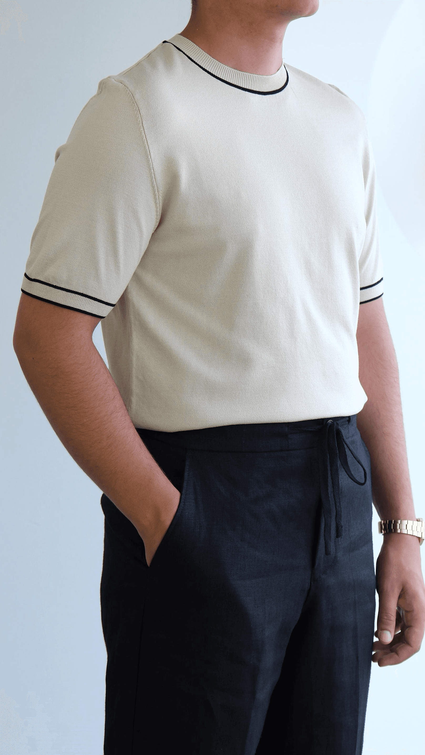 Bej Simit Yaka Şeritli Triko Tshirt