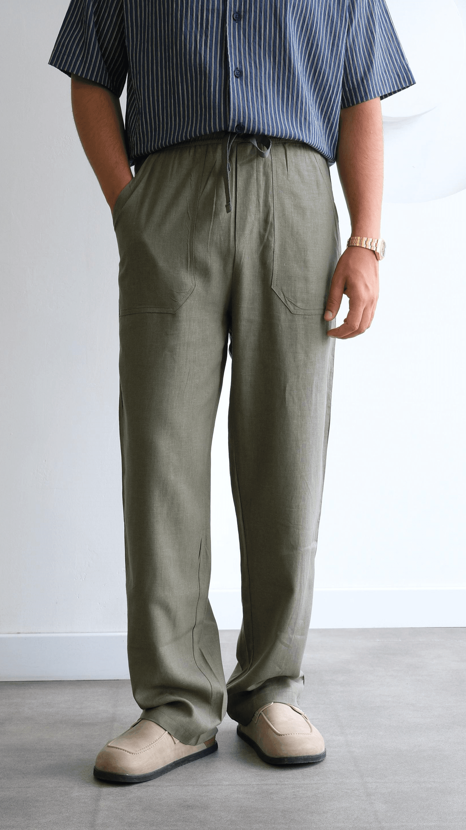 Haki Baggy Keten Pantolon