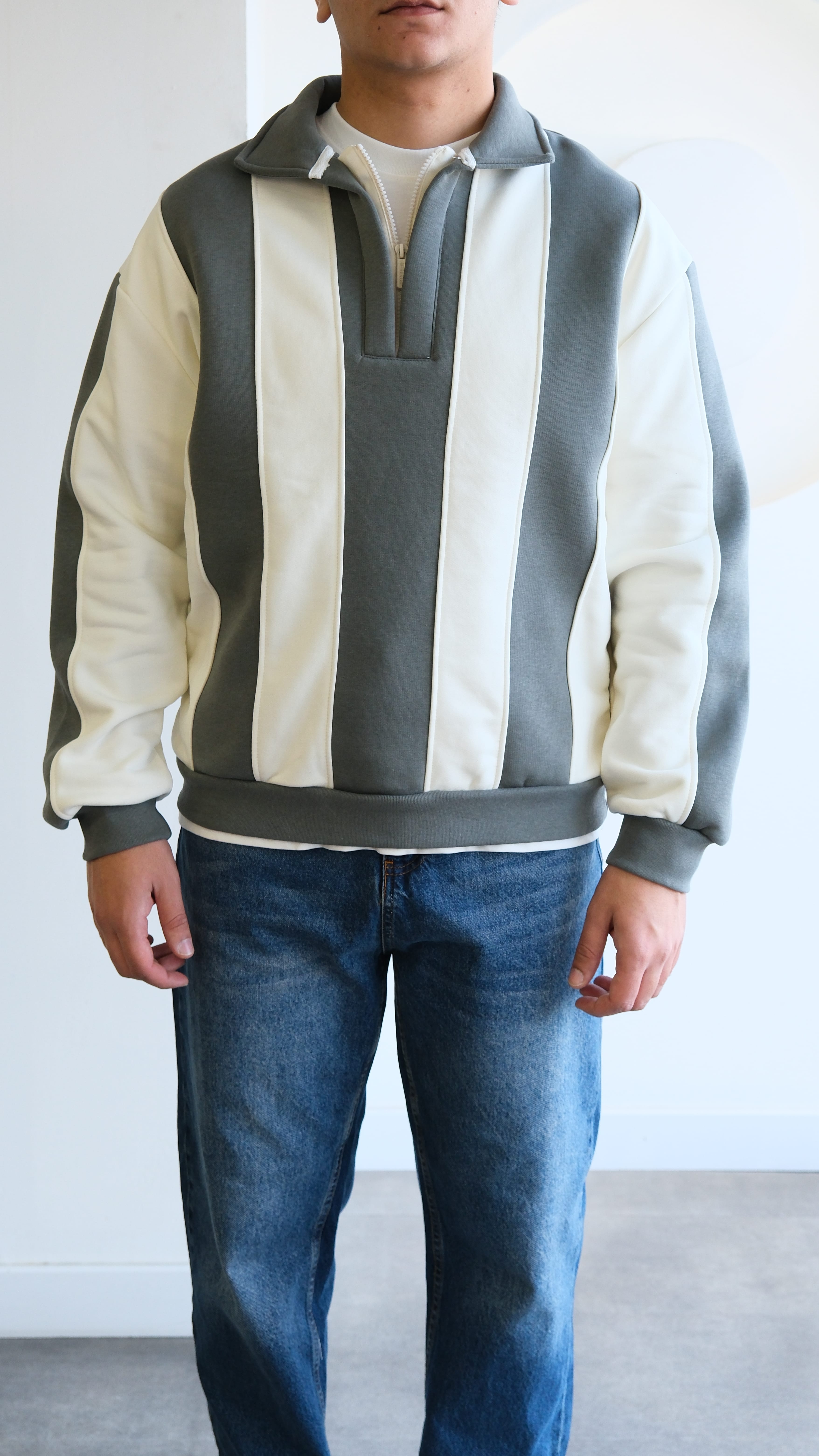 Haki/ Ekru Şeritli Polo Yaka Sweatshirt