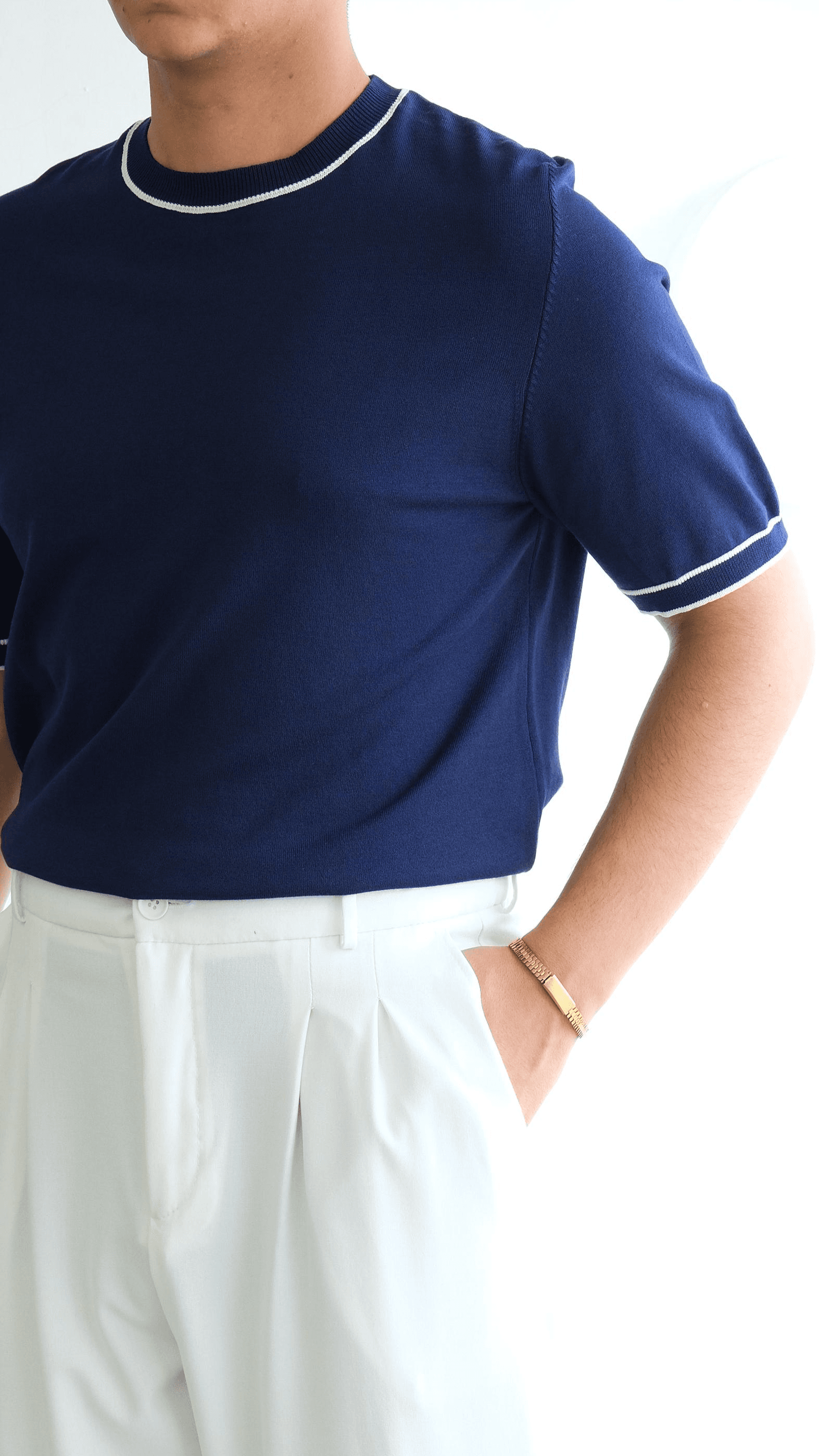 Lacivert Şeritli Simit Yaka Triko Tshirt
