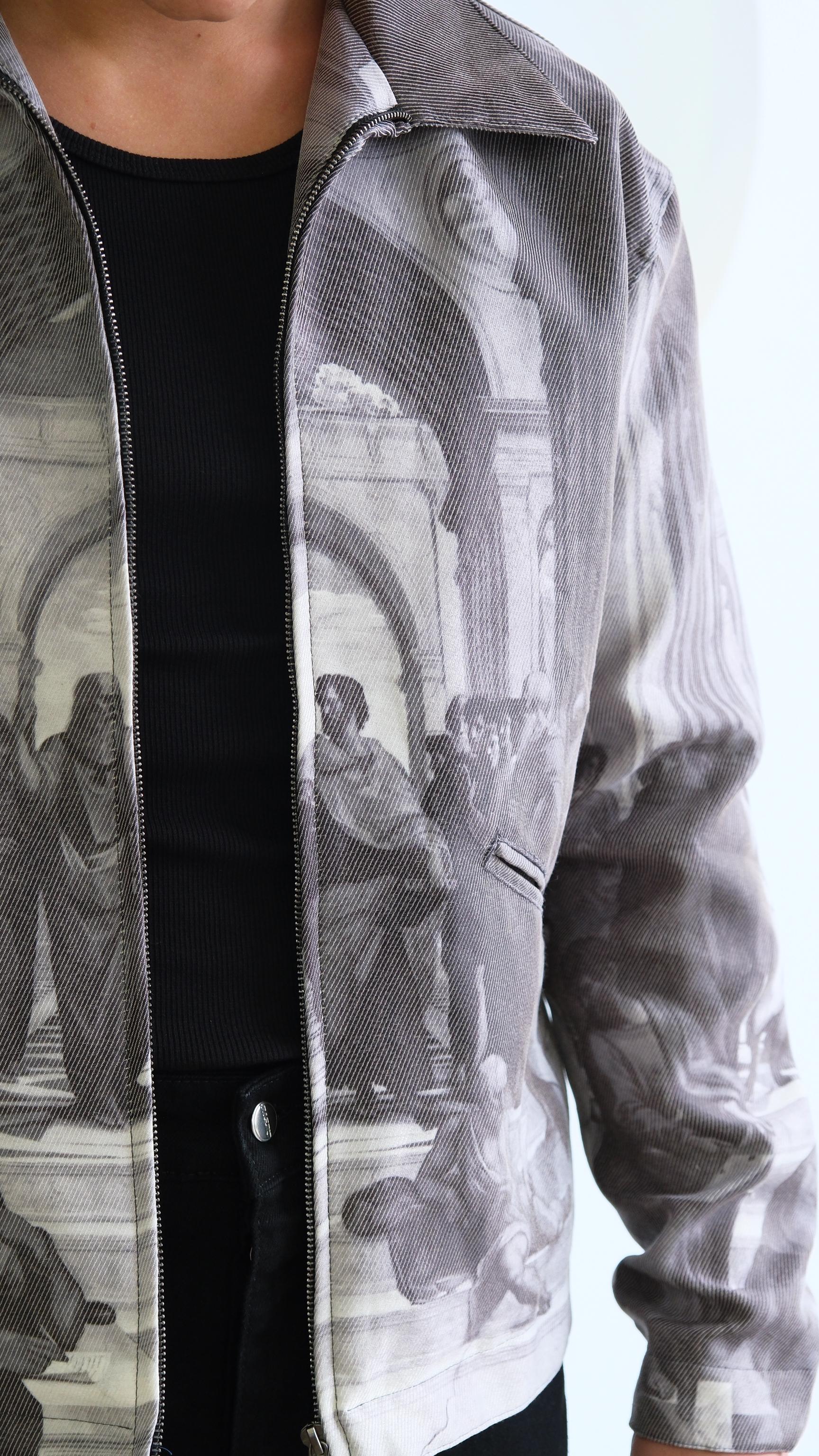 Gri Baskı Detaylı Jean Ceket