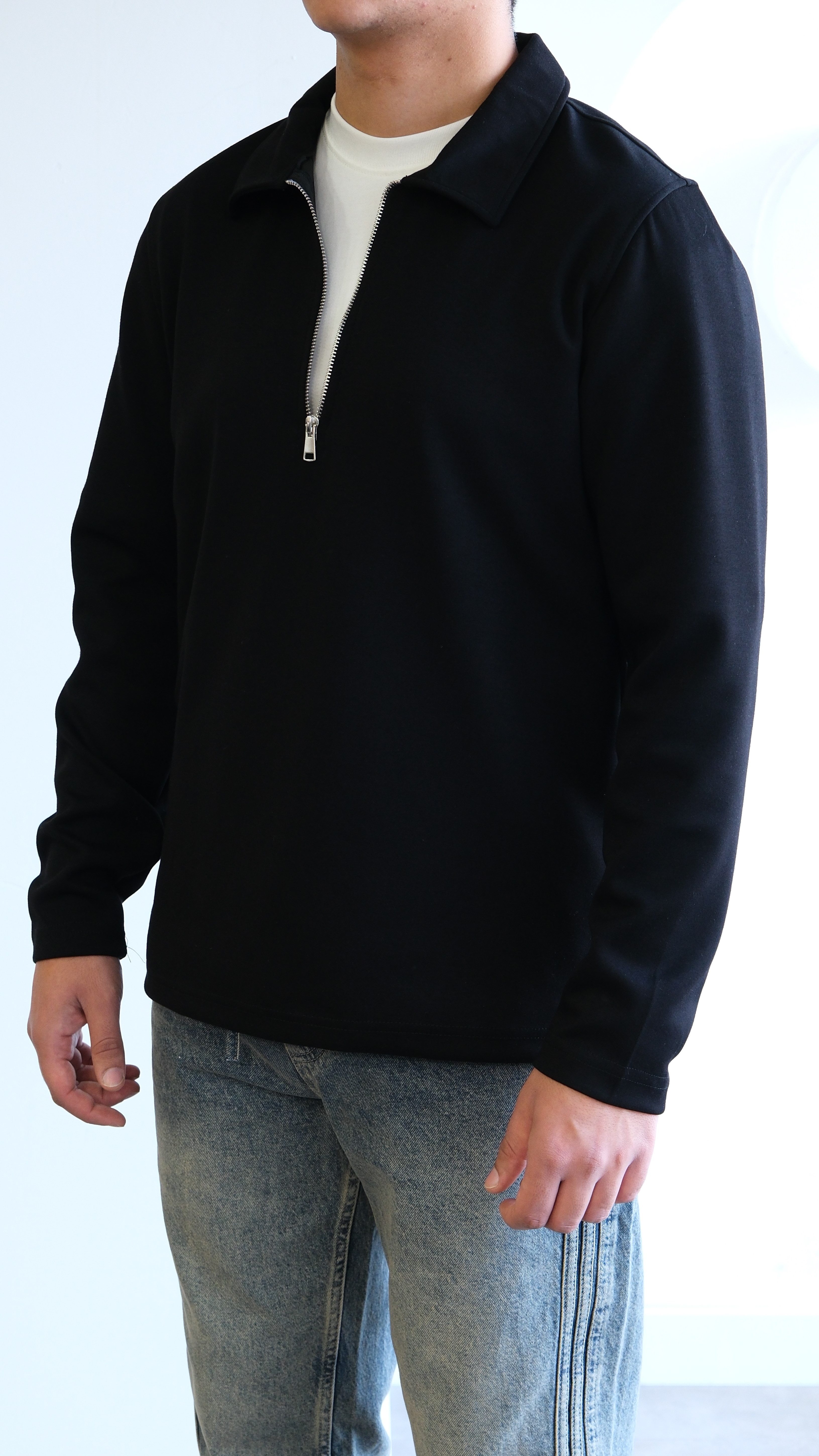 Siyah Fermuarlı Apaş Yaka Scuba Sweat