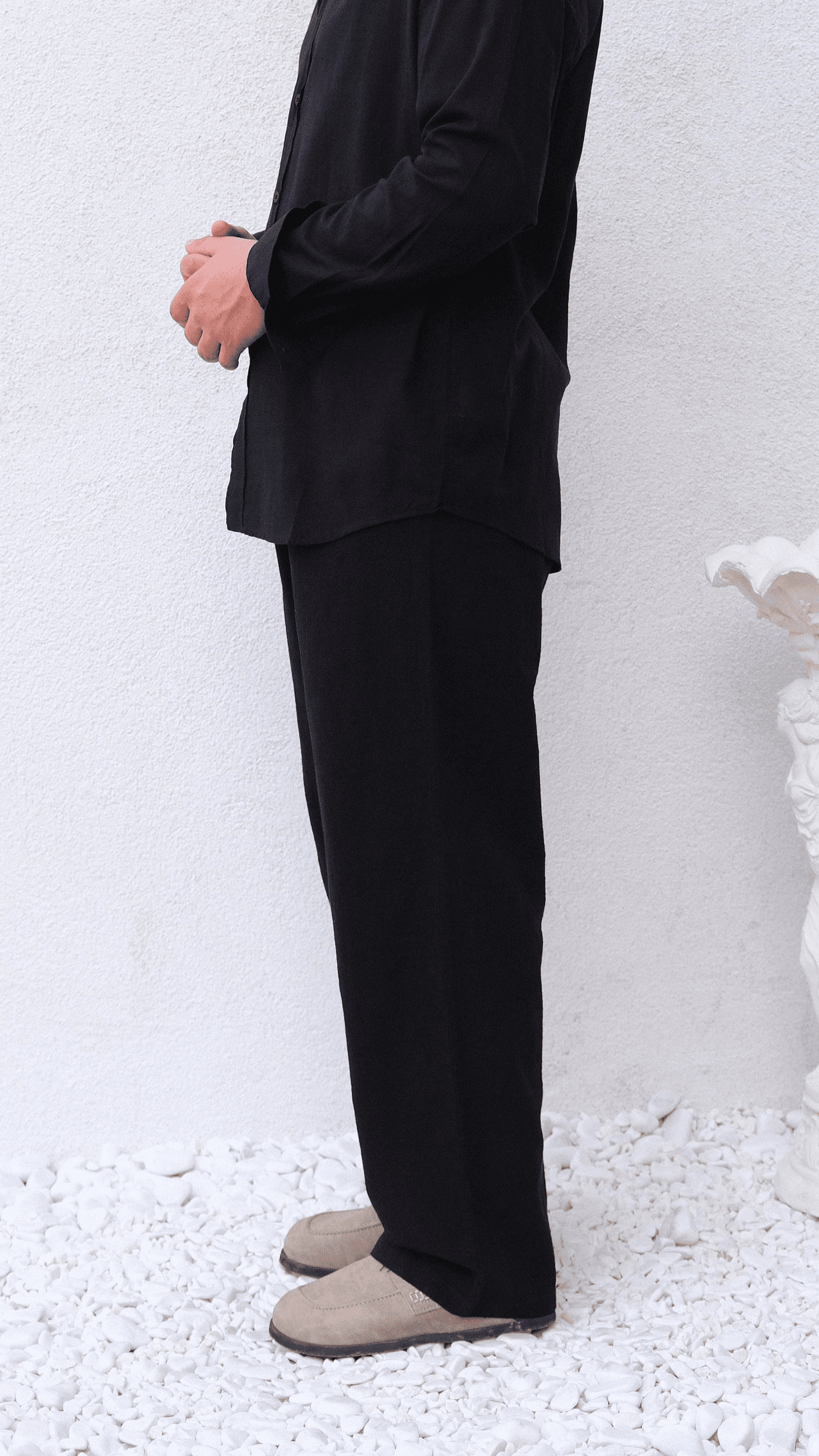 Siyah Bağcıklı Baggy Keten Pantolon