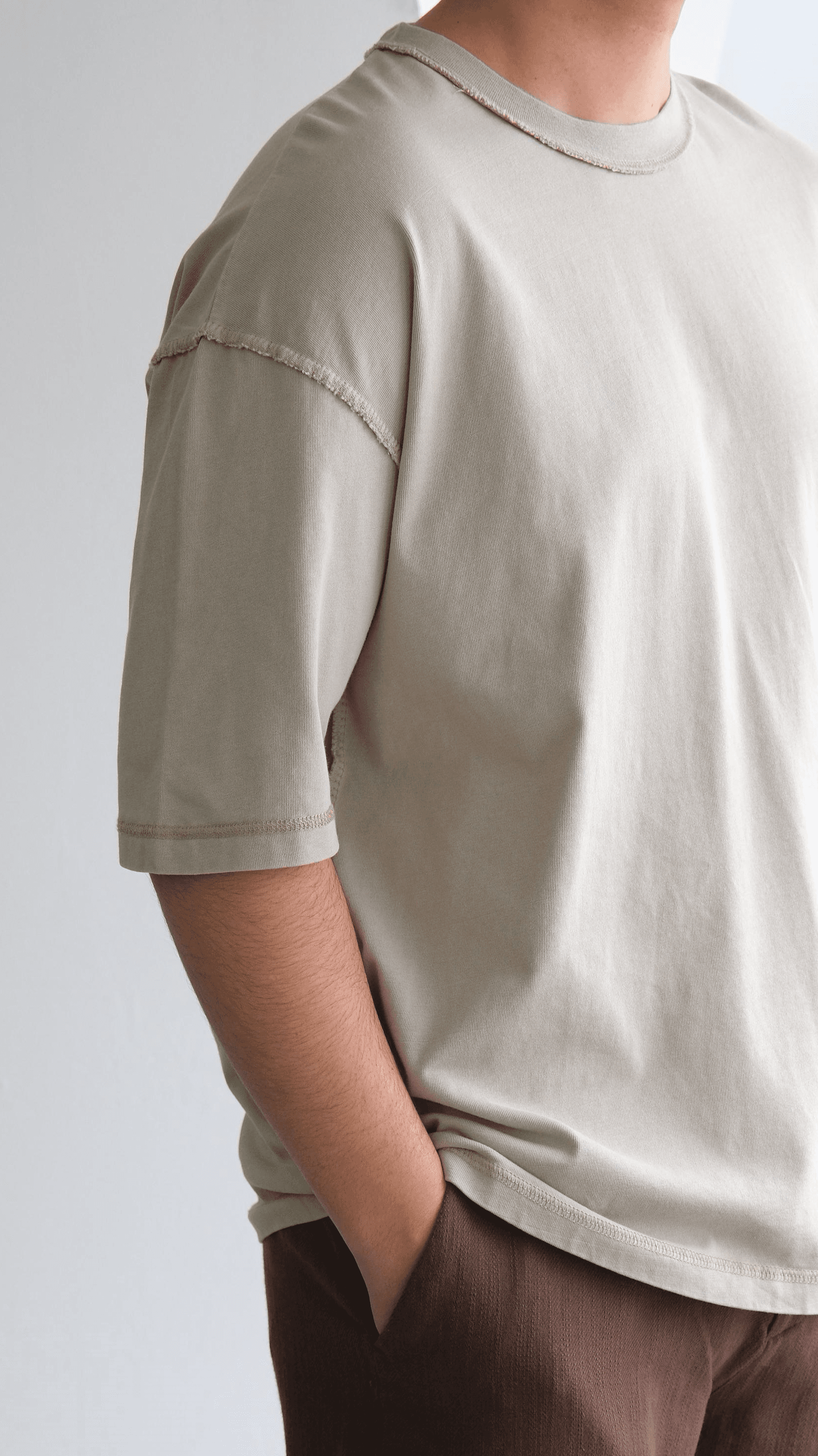 Bej Ters Dikiş Detaylı Oversize Tshirt