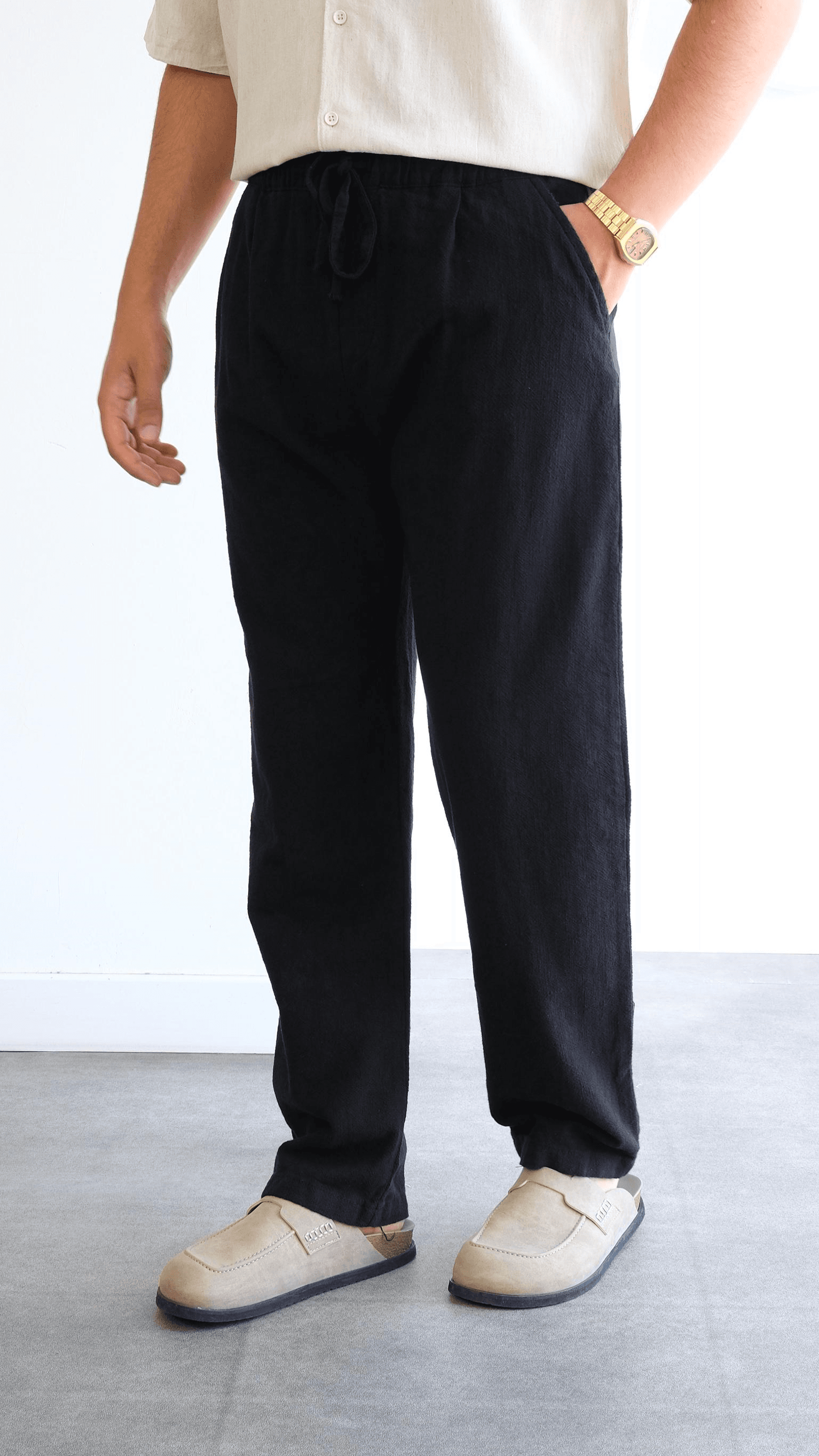 Siyah Baggy Pamuk Keten Pantolon
