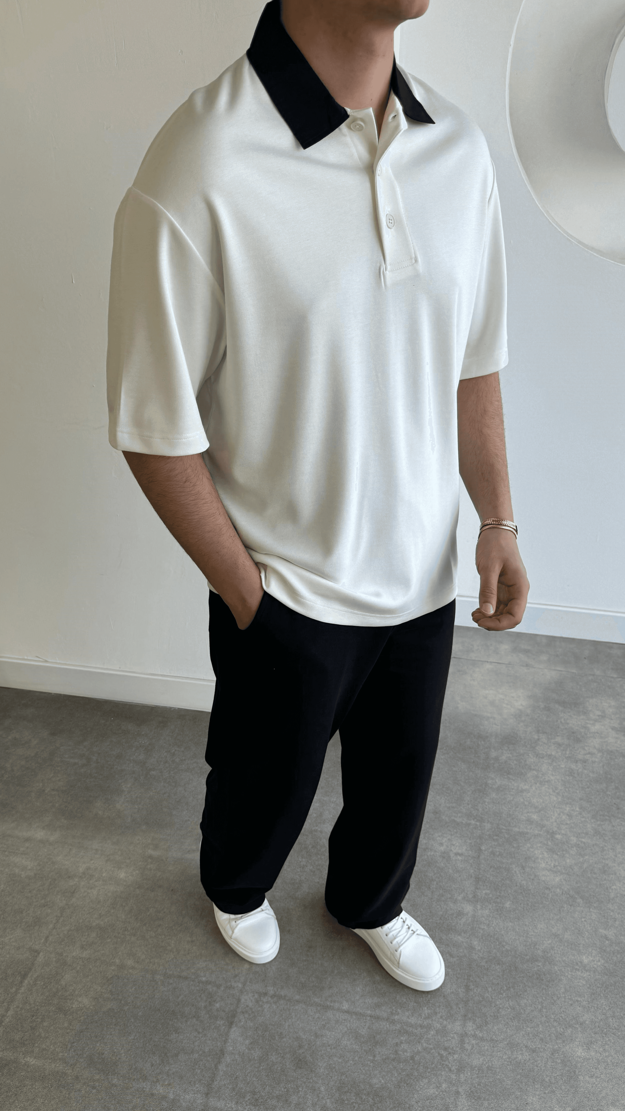 Siyah Polo Yaka Ekru Triko Tshirt