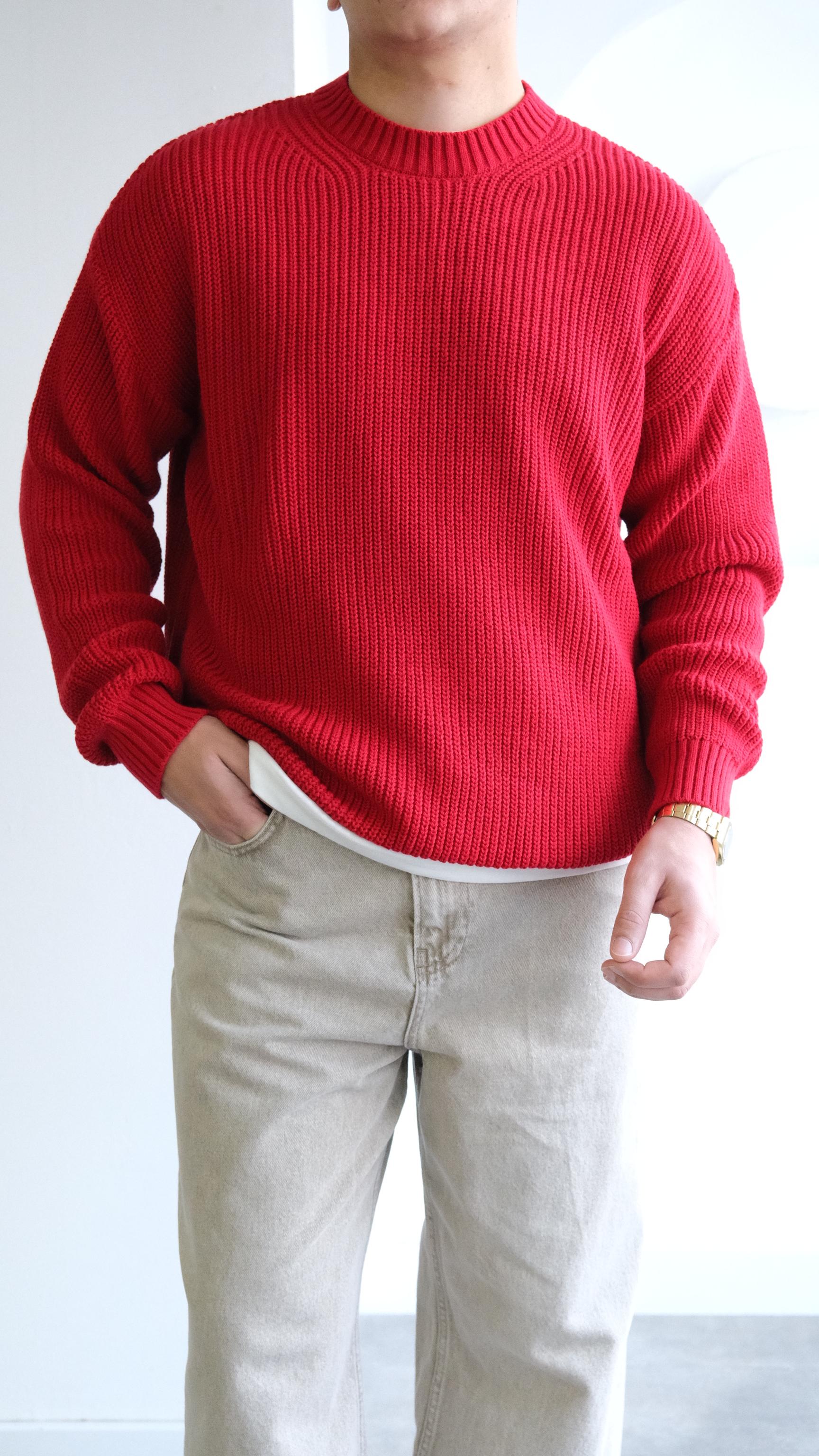 Kırmızı Örme Simit Yaka Kazak