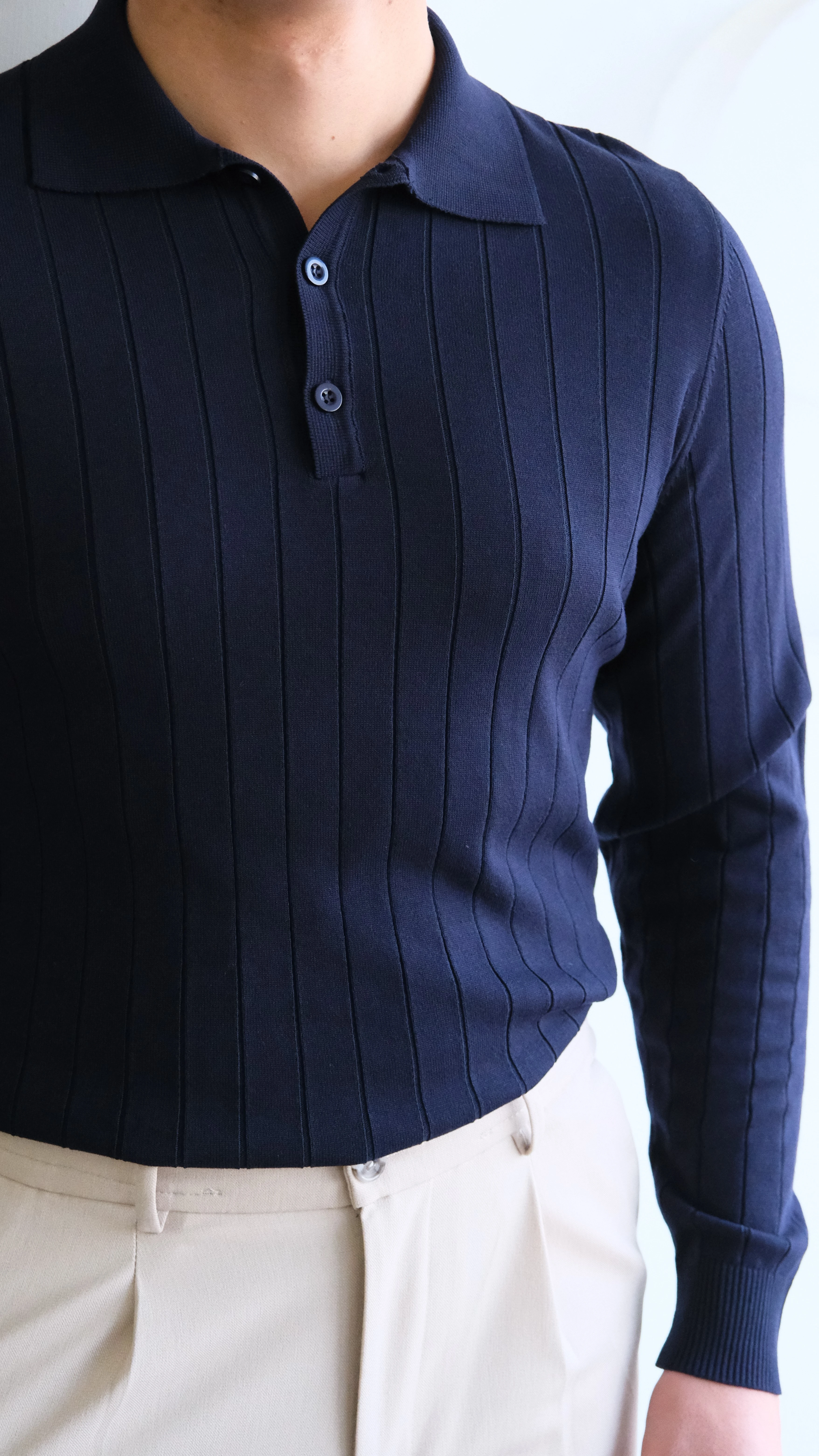 Polo Yaka Şeritli Lacivert Triko