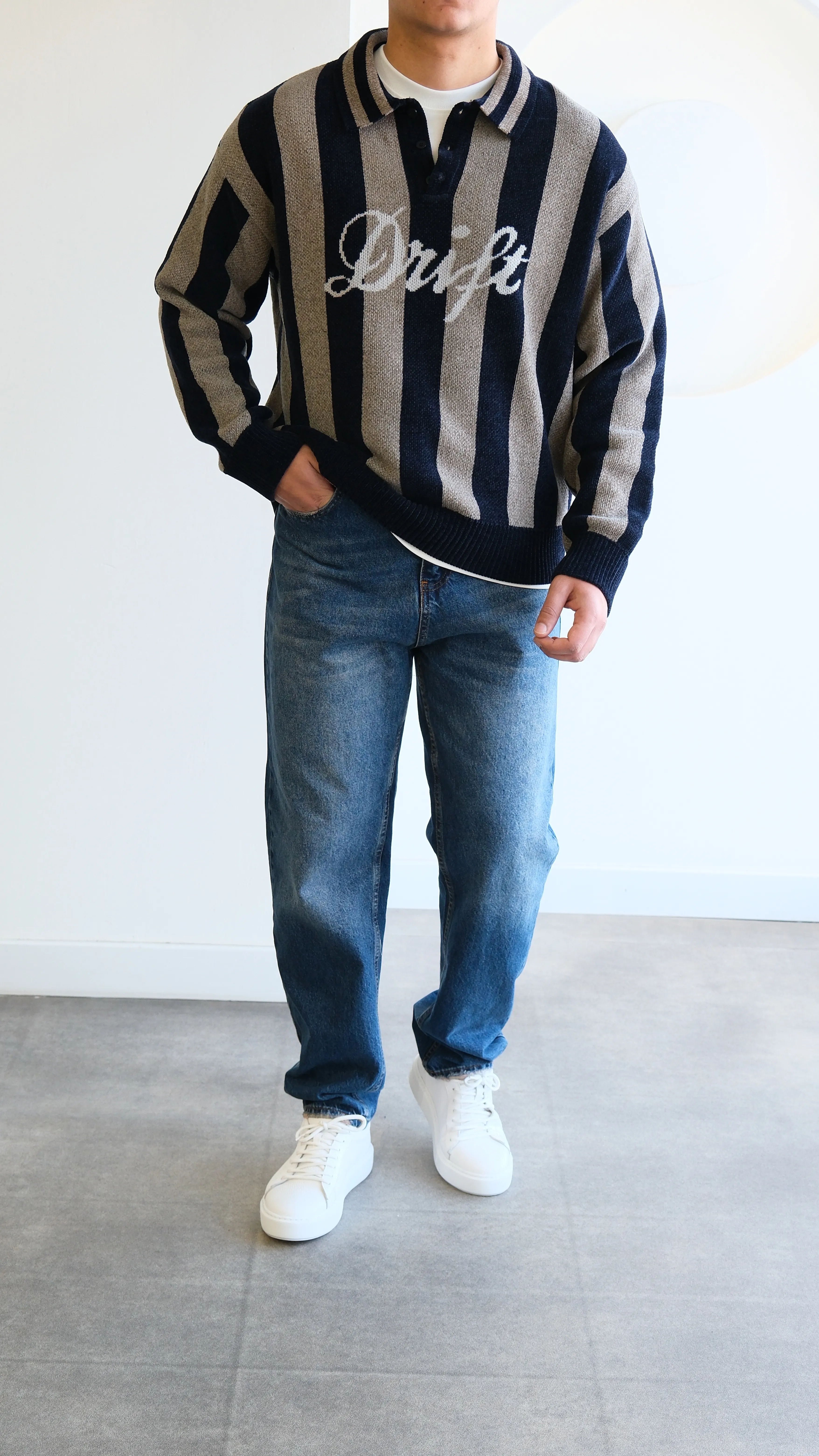 Polo Yaka Jakarlı Örme Kazak