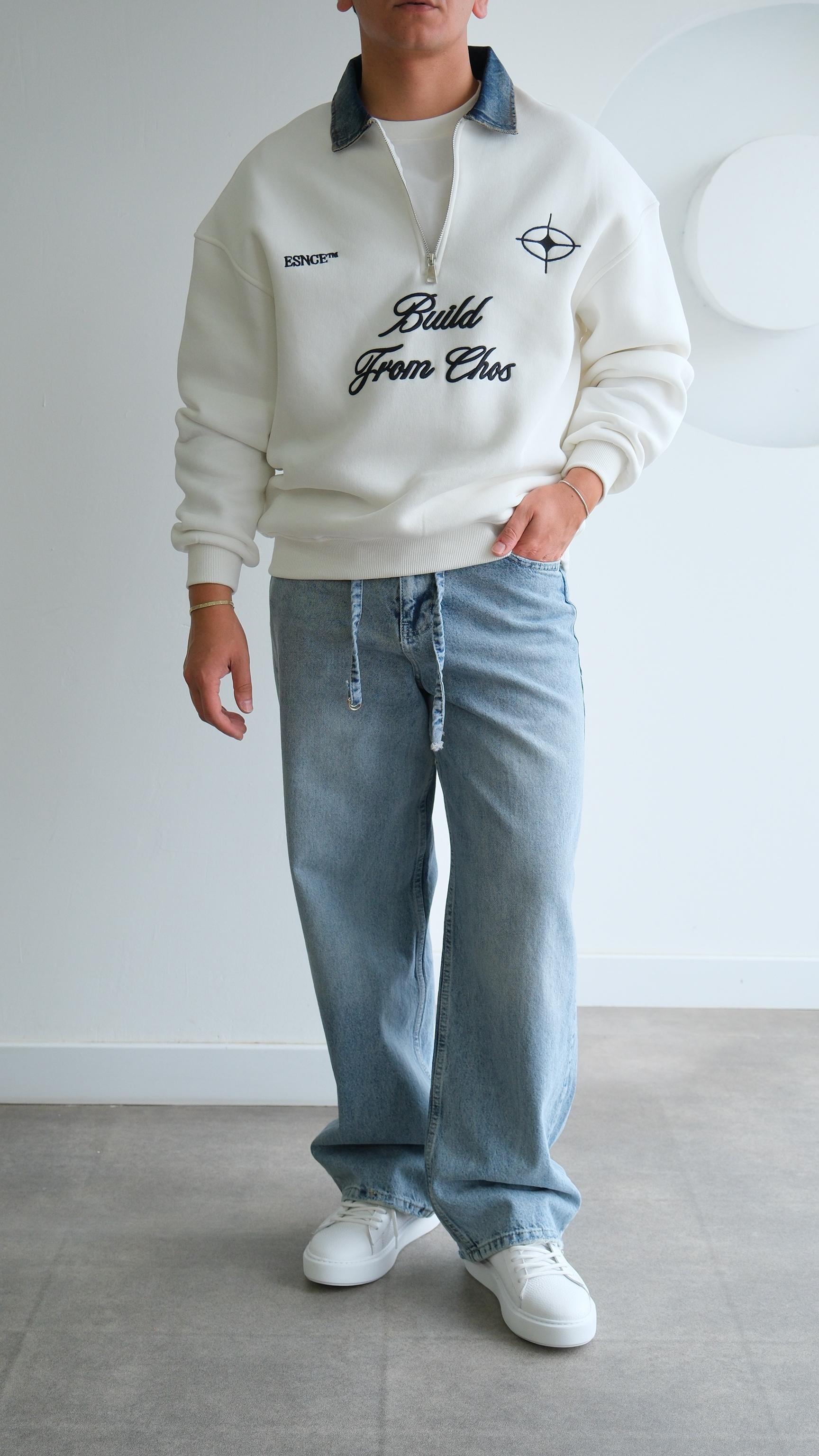 Fermuarlı Kot Polo Yaka Beyaz Sweat