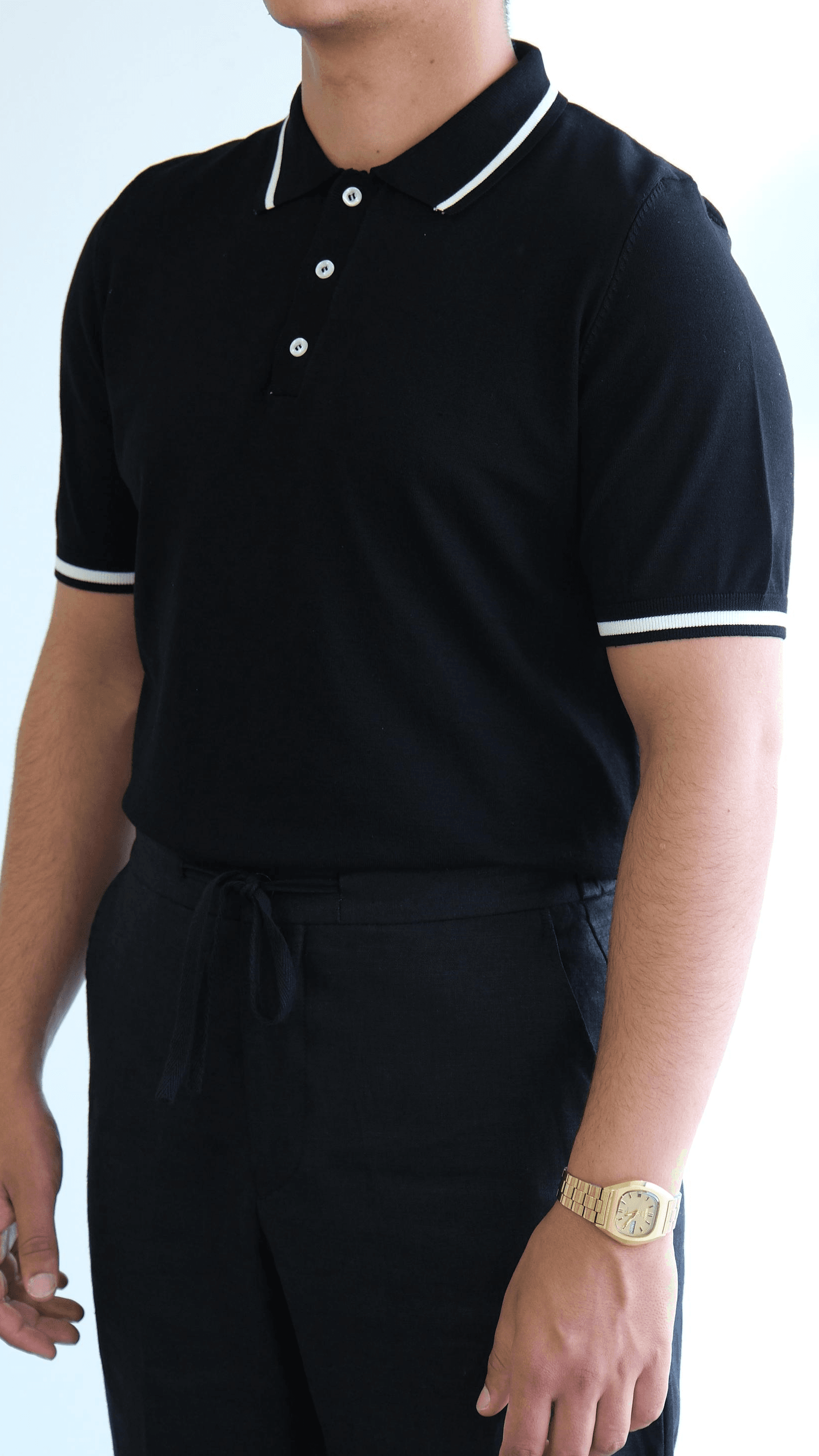 Siyah Polo Yaka Şeritli Triko Tshirt