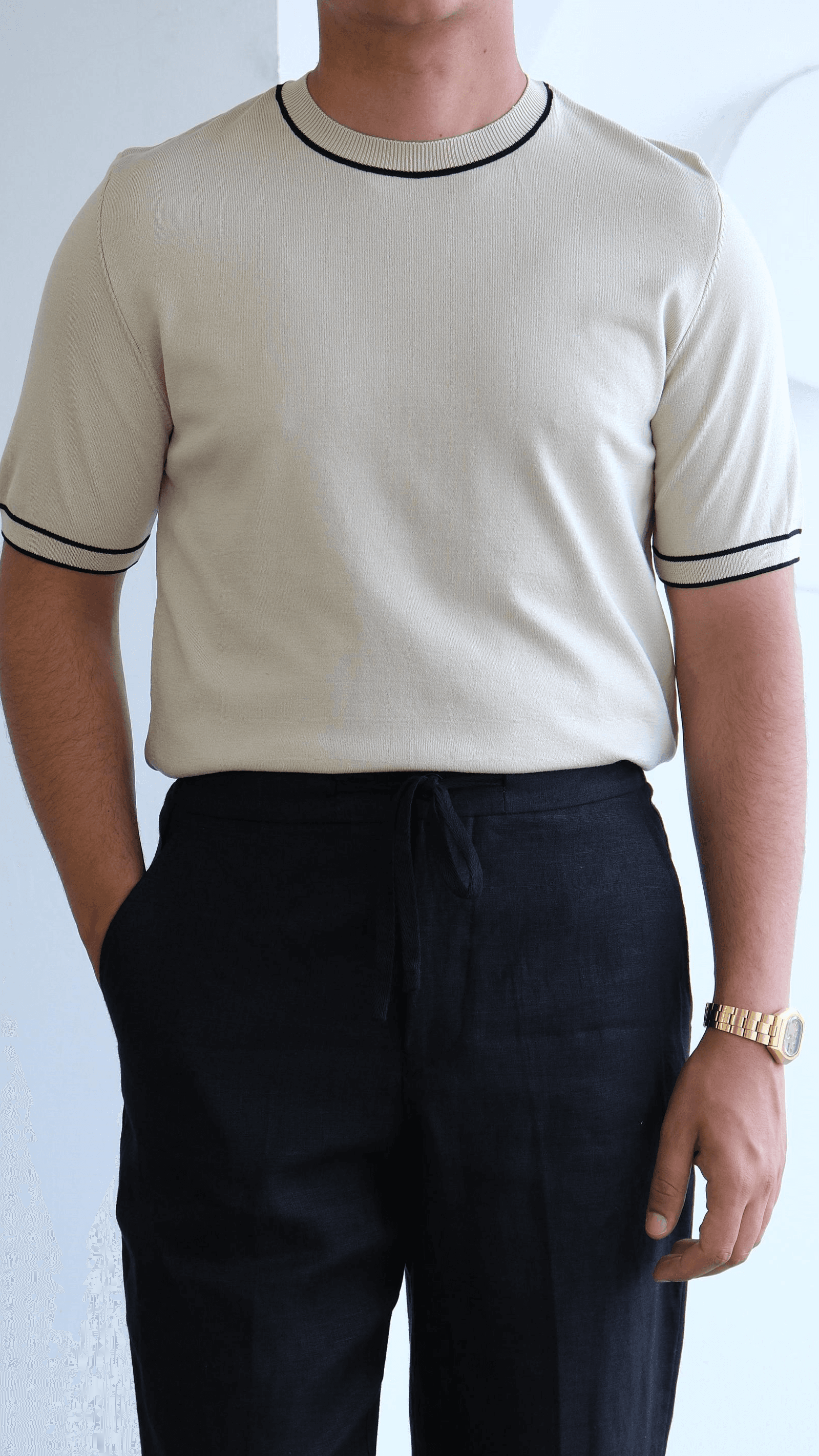 Bej Simit Yaka Şeritli Triko Tshirt